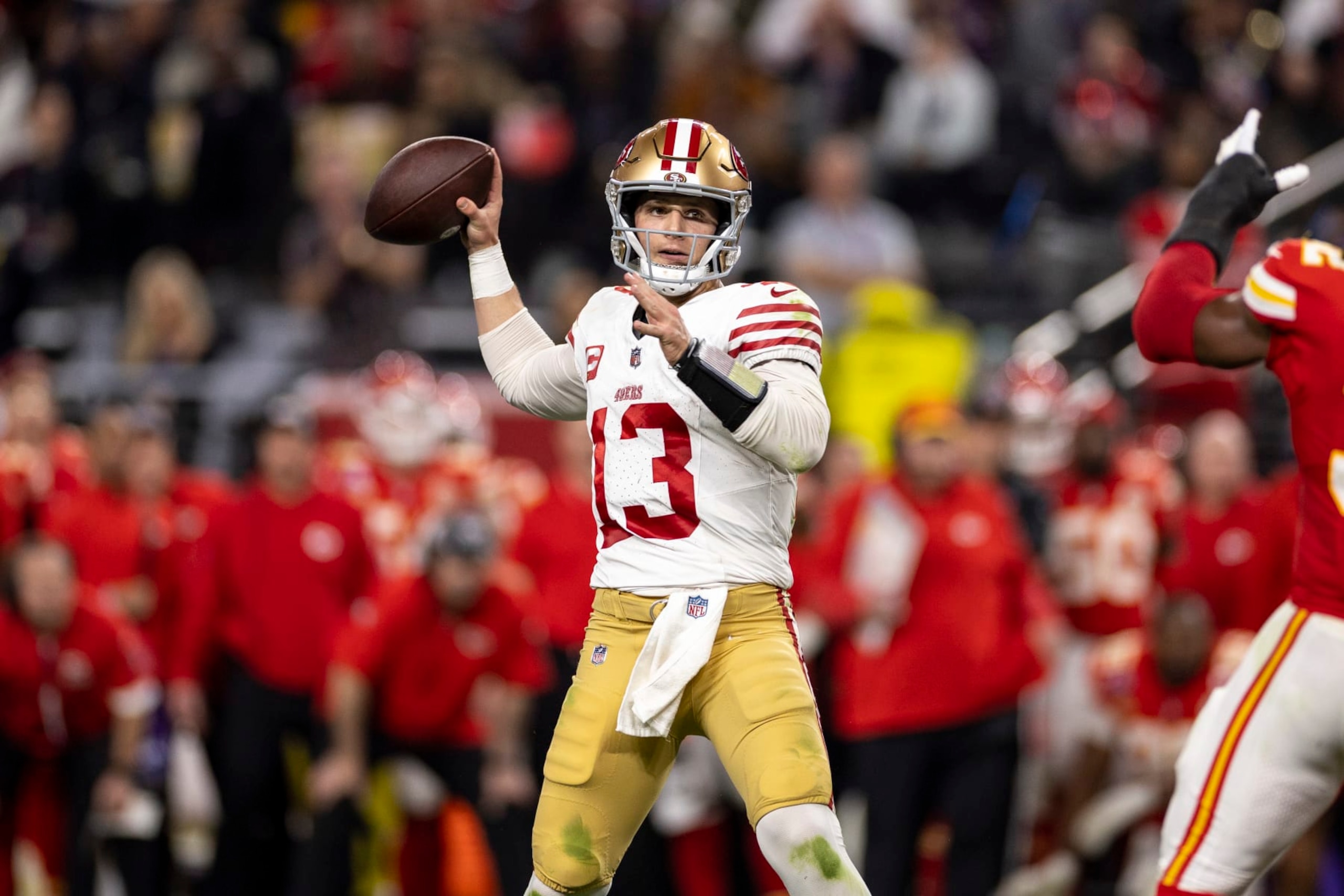 LAS VEGAS, NEVADA - FEBRUARY 11: Brock Purdy #13 of the San Francisco 49ers looks to pass during the NFL Super Bowl 58 football game between the San Francisco 49ers and the Kansas City Chiefs at Allegiant Stadium on February 11, 2024 in Las Vegas, Nevada. (Photo by Michael Owens/Getty Images) LAS VEGAS, NEVADA - FEBRUARY 11: Brock Purdy #13 of the San Francisco 49ers looks to pass during the NFL Super Bowl 58 football game between the San Francisco 49ers and the Kansas City Chiefs at Allegiant Stadium on February 11, 2024 in Las Vegas, Nevada. (Photo by Michael Owens/Getty Images)