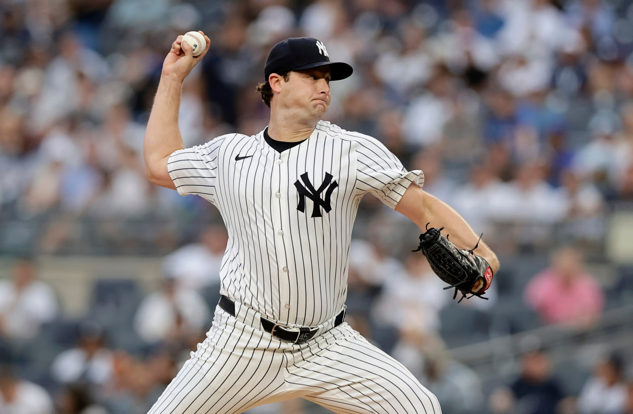 NEW YORK, NEW YORK - JULY 24:  Gerrit Cole #45 of the New York Yankees pitches during the first inning against the New York Mets at Yankee Stadium on July 24, 2024 in New York City. (Photo by Jim McIsaac/Getty Images)