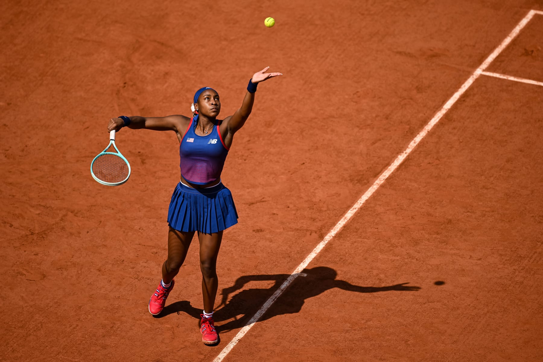 PARIS, FRANCE - JULY 30: Coco Gauff of the United States in action against Donna Vekic of Croatia during the Women's Singles third round match on day four of the Olympic Games Paris 2024 at Roland Garros on July 30, 2024 in Paris, France. (Photo by Daniel Kopatsch/Getty Images)