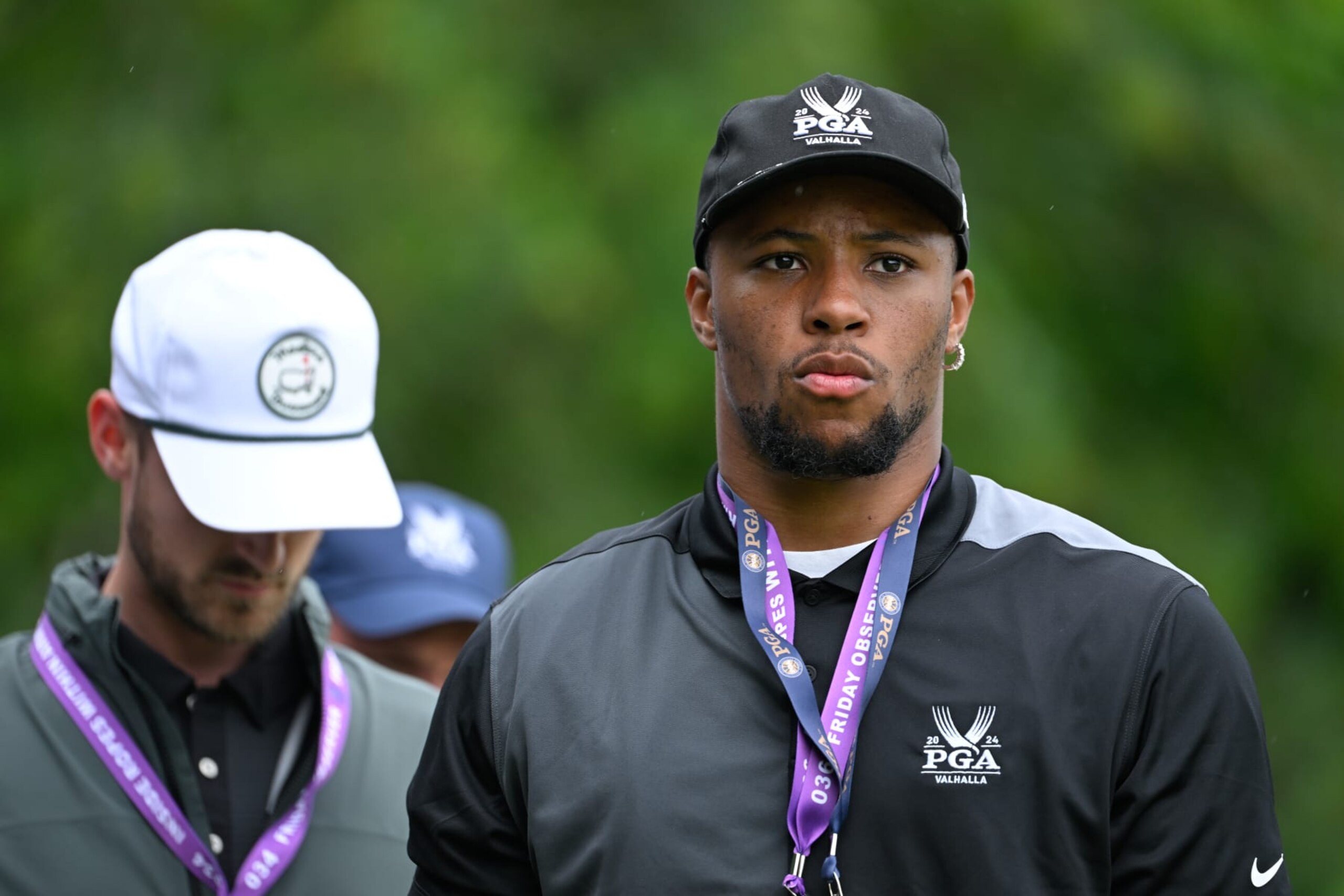 LOUISVILLE, KENTUCKY - MAY 17: Saquon Barkley, Philadelphia Eagles running back, walks inside the ropes during the second round of PGA Championship at Valhalla Golf Club on May 17, 2024 in Louisville, Kentucky. (Photo by Ben Jared/PGA TOUR via Getty Images)