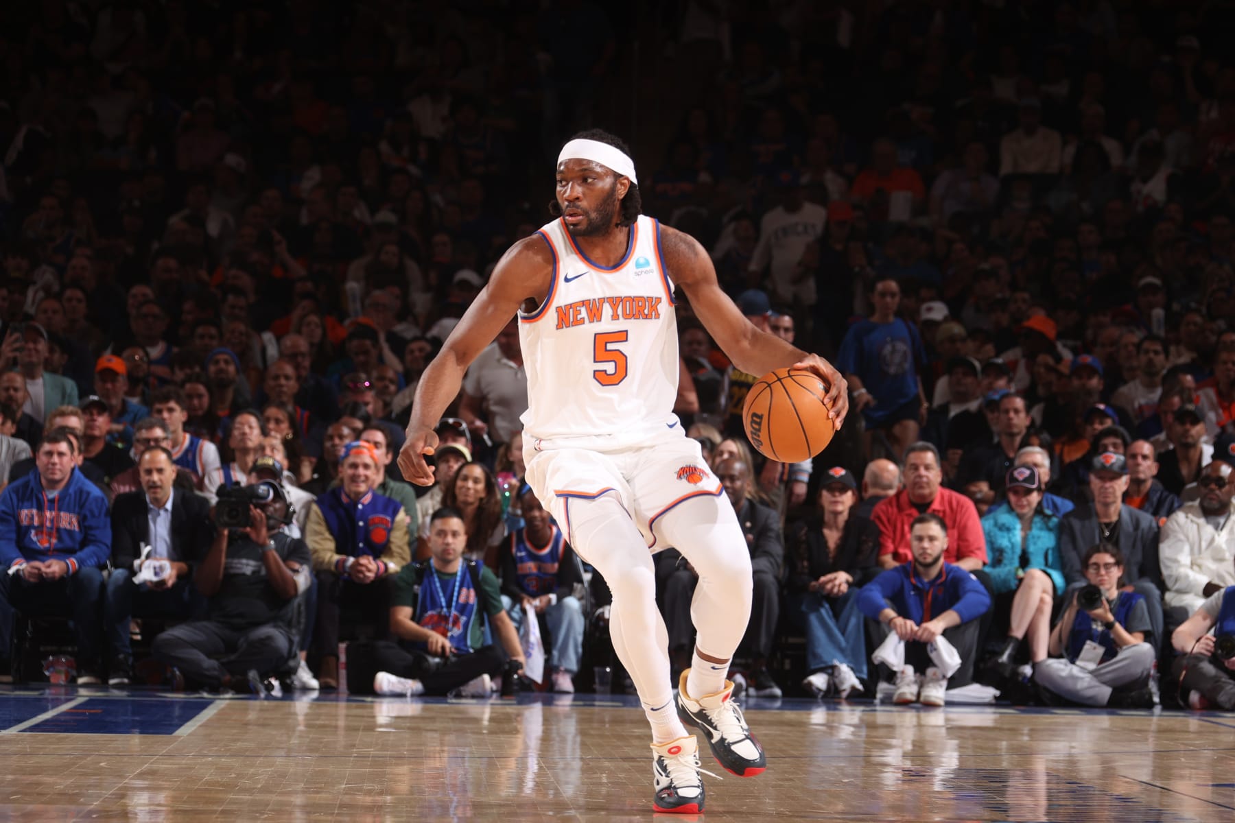 NEW YORK, NY - MAY 19: Precious Achiuwa #5 of the New York Knicks dribbles the ball during the game against the Indiana Pacers during Round 2 Game 7 of the 2024 NBA Playoffs on May 19, 2024 at Madison Square Garden in New York City, New York.  NOTE TO USER: User expressly acknowledges and agrees that, by downloading and or using this photograph, User is consenting to the terms and conditions of the Getty Images License Agreement. Mandatory Copyright Notice: Copyright 2024 NBAE  (Photo by Nathaniel S. Butler/NBAE via Getty Images)
