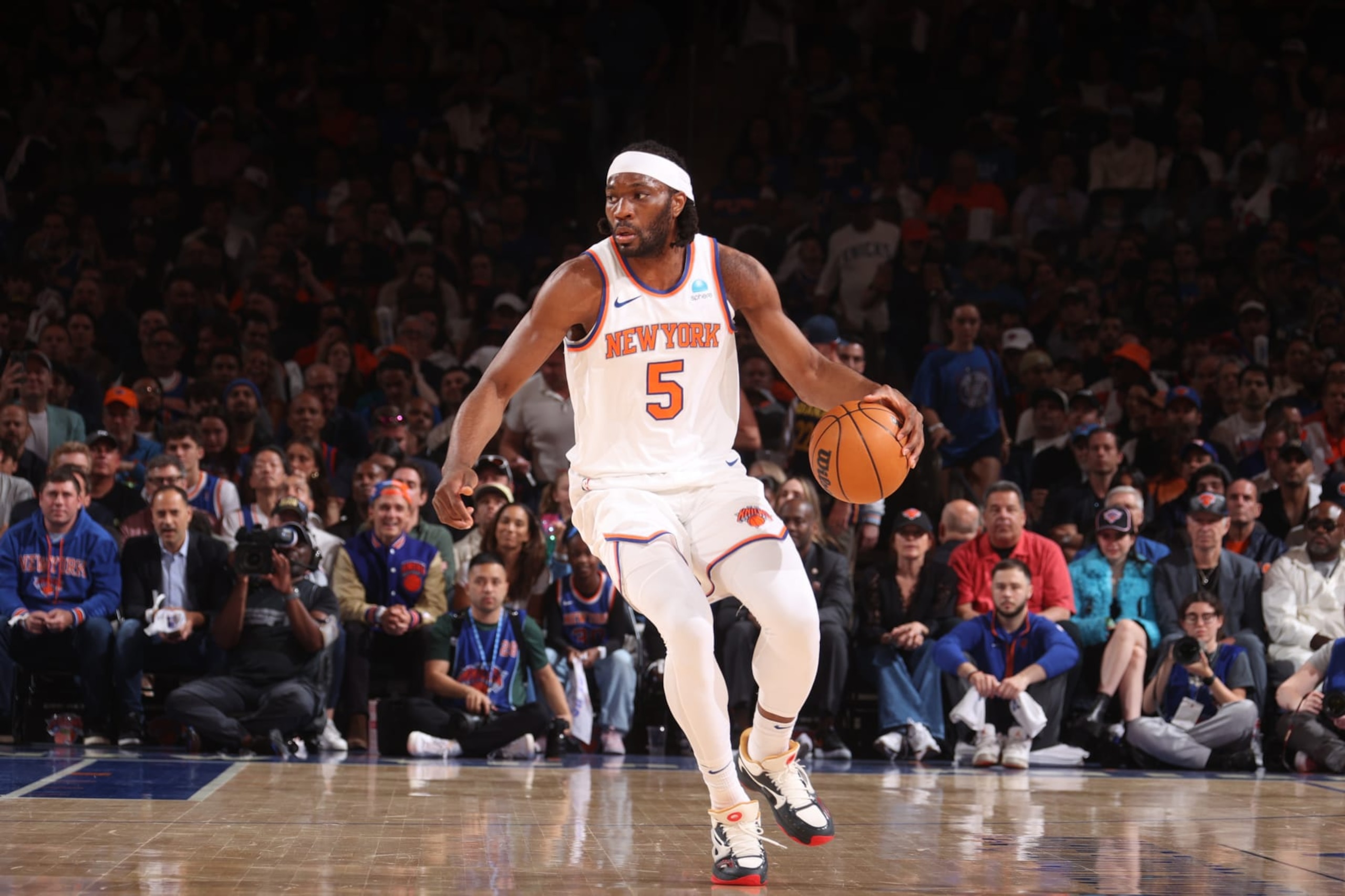 NEW YORK, NY - MAY 19: Precious Achiuwa #5 of the New York Knicks dribbles the ball during the game against the Indiana Pacers during Round 2 Game 7 of the 2024 NBA Playoffs on May 19, 2024 at Madison Square Garden in New York City, New York.  NOTE TO USER: User expressly acknowledges and agrees that, by downloading and or using this photograph, User is consenting to the terms and conditions of the Getty Images License Agreement. Mandatory Copyright Notice: Copyright 2024 NBAE  (Photo by Nathaniel S. Butler/NBAE via Getty Images)