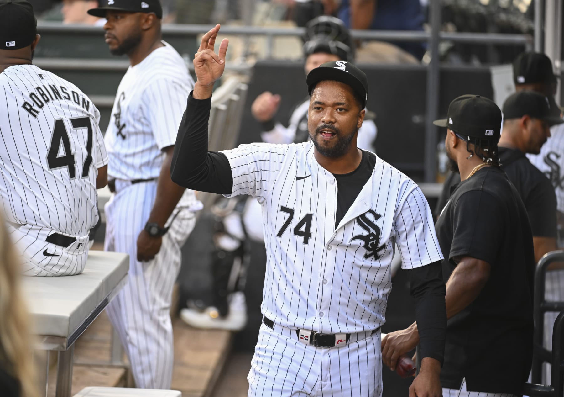 CHICAGO, ILLINOIS - JULY 29: Eloy Jiménez #74 of the Chicago White Sox stands in the dugout prior to the game against the Seattle Mariners at Guaranteed Rate Field on July 29, 2024 in Chicago, Illinois. (Photo by Nuccio DiNuzzo/Getty Images)