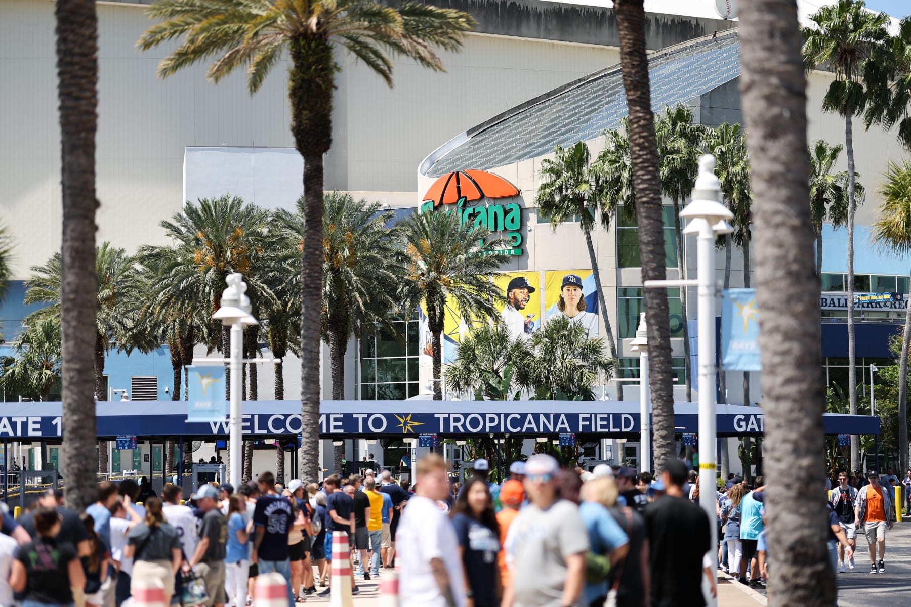 TAMPA, FL - MARCH 30: Fans wait in line outside the stadium prior to the game between the Detroit Tigers and the Tampa Bay Rays at Tropicana Field on Thursday, March 30, 2023 in Tampa, Florida. (Photo by Mike Carlson/MLB Photos via Getty Images)