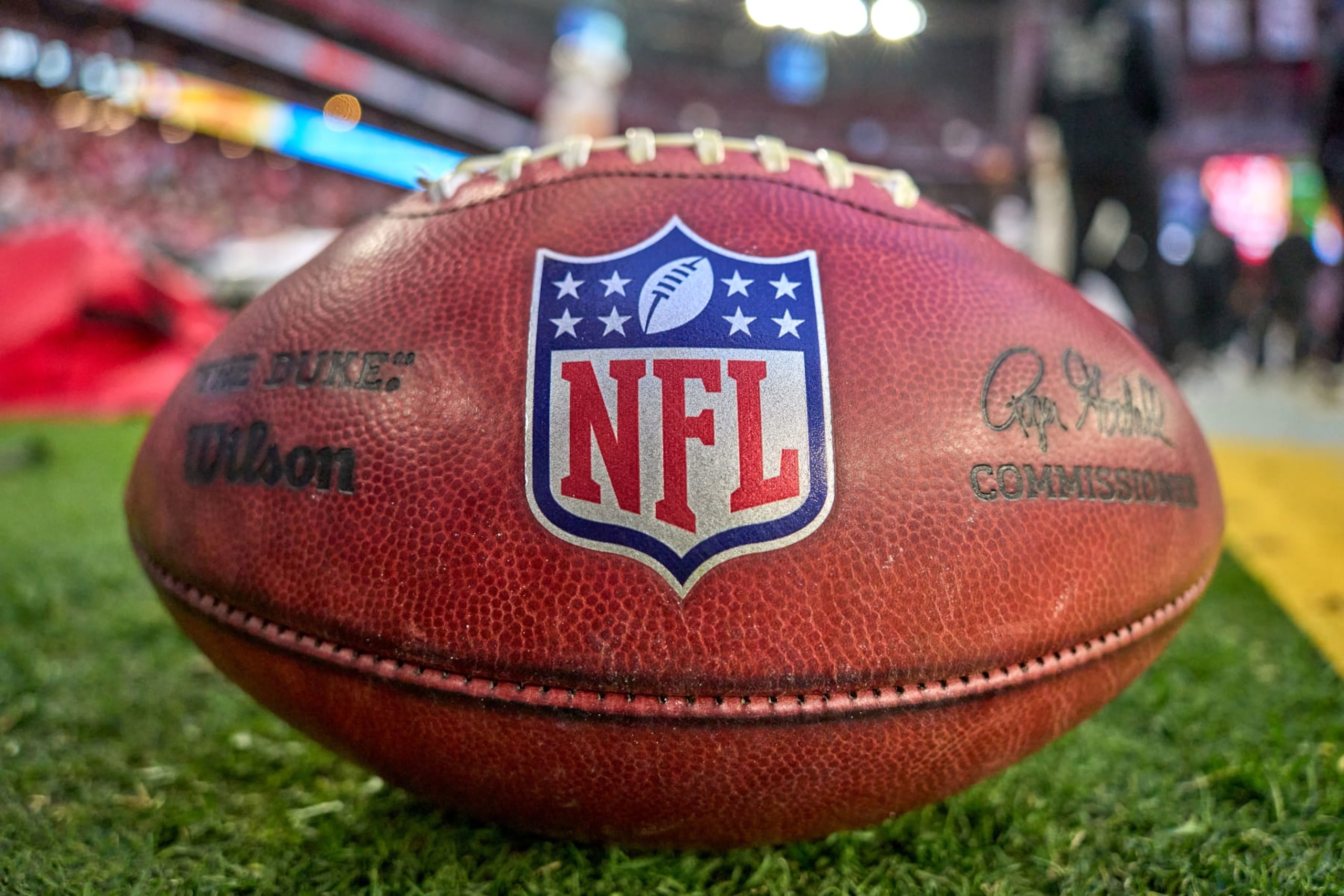 GLENDALE, ARIZONA - DECEMBER 17: A detailed view of the NFL crest logo is seen on a football in action during a game between the San Francisco 49ers and the Arizona Cardinals at State Farm Stadium on December 17, 2023 in Glendale, Arizona. (Photo by Robin Alam/ISI Photos/Getty Images)
