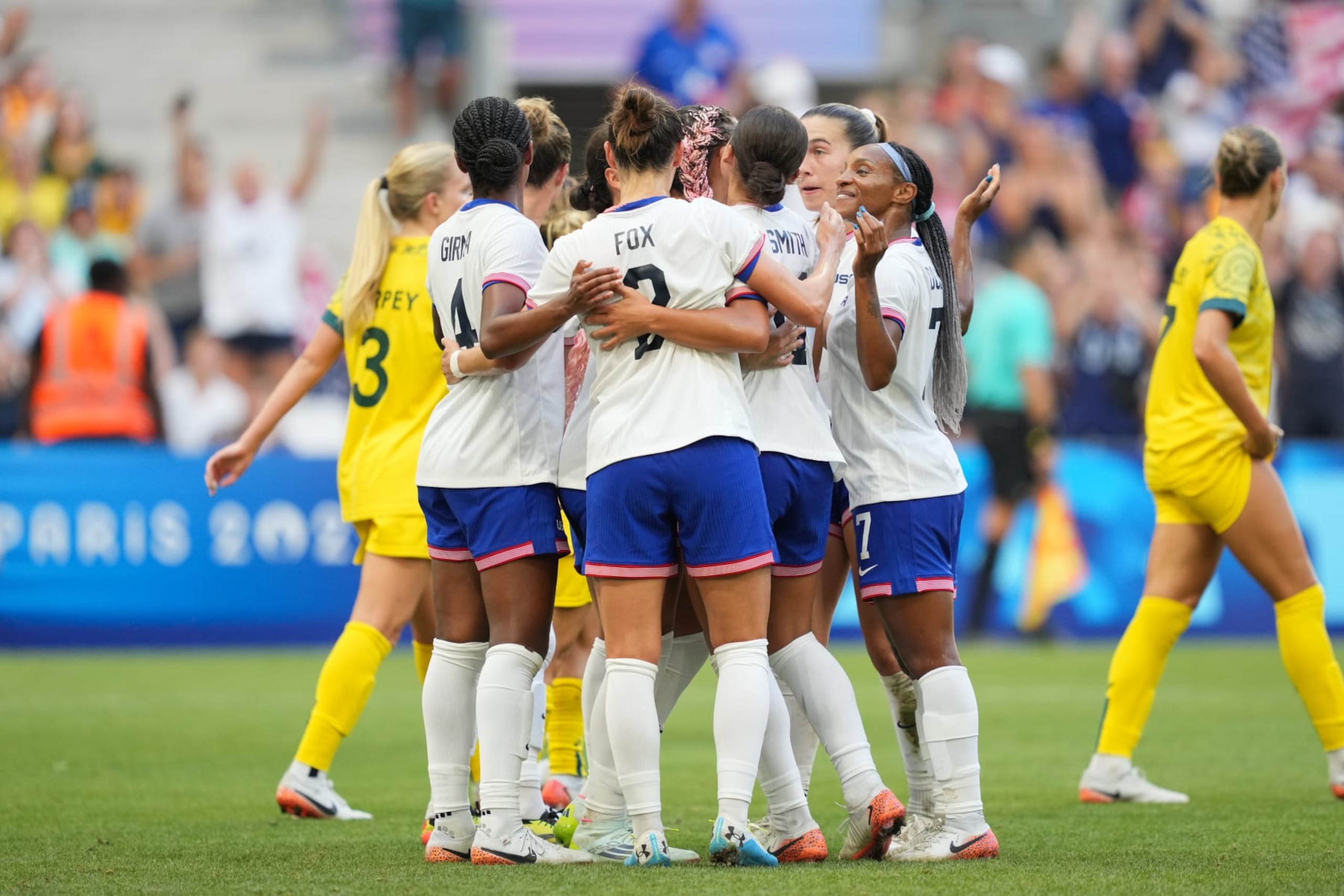 MARSEILLE, FRANCE - JULY 31: Trinity Rodman #5 of the United States celebrates scoring with teammates  during the first half against Australia during the Women's group B match during the Olympic Games Paris 2024 at Stade de Marseille on July 31, 2024 in Marseille, France. (Photo by Brad Smith/ISI/Getty Images)