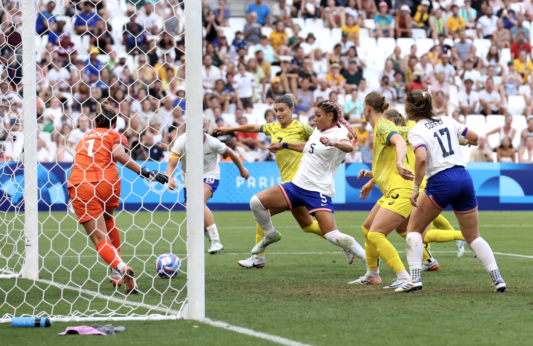 MARSEILLE, FRANCE - JULY 31: Trinity Rodman #5 of Team United States scores her team's first goal during the Women's group B match between Australia and United States during the Olympic Games Paris 2024 at Stade de Marseille on July 31, 2024 in Marseille, France. (Photo by Alex Livesey/Getty Images)