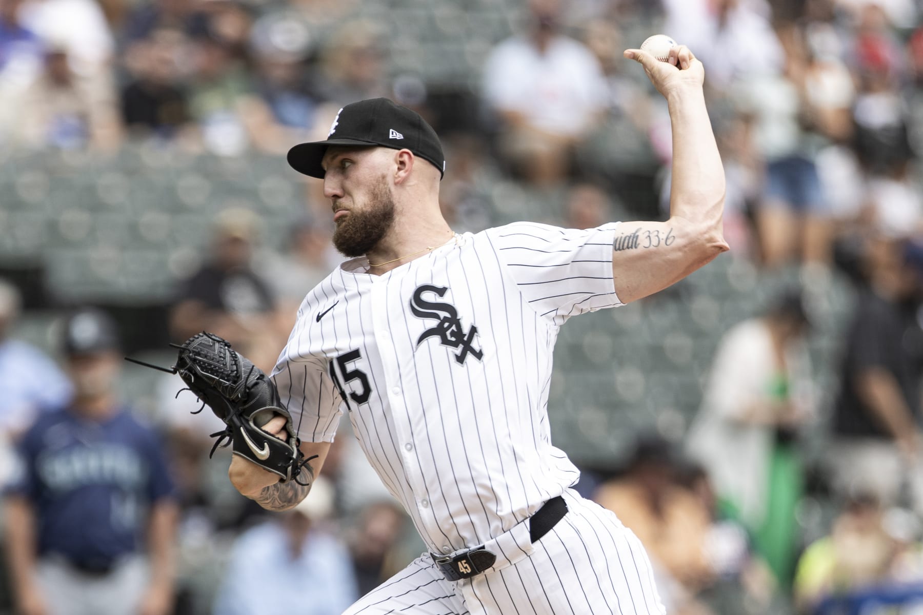 CHICAGO, ILLINOIS - JULY 28: Garrett Crochet #45 of the Chicago White Sox delivers a pitch in the first inning against the Seattle Mariners at Guaranteed Rate Field on July 28, 2024 in Chicago, Illinois. (Photo by Griffin Quinn/Getty Images)