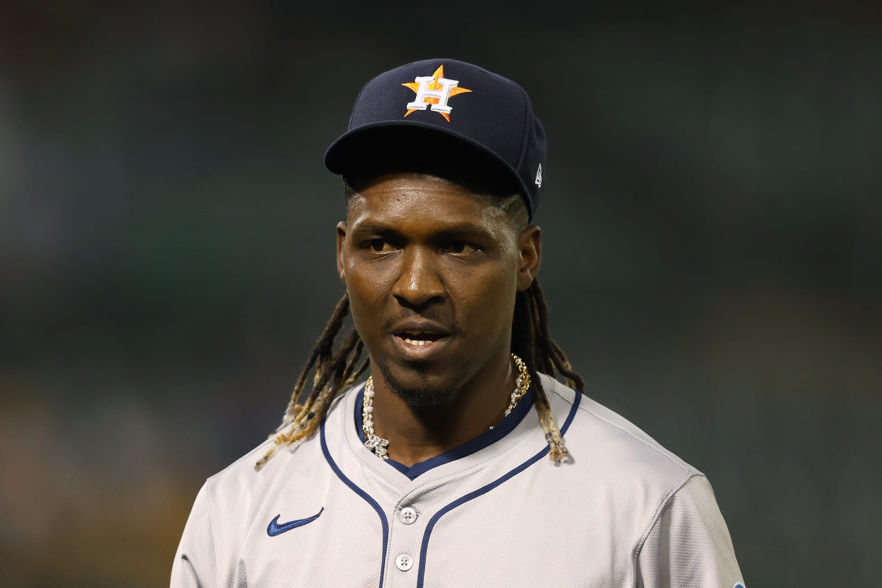 OAKLAND, CALIFORNIA - JULY 22: Pitcher Rafael Montero #47 of the Houston Astros looks on between innings against the Oakland Athletics at Oakland Coliseum on July 22, 2024 in Oakland, California. (Photo by Lachlan Cunningham/Getty Images)