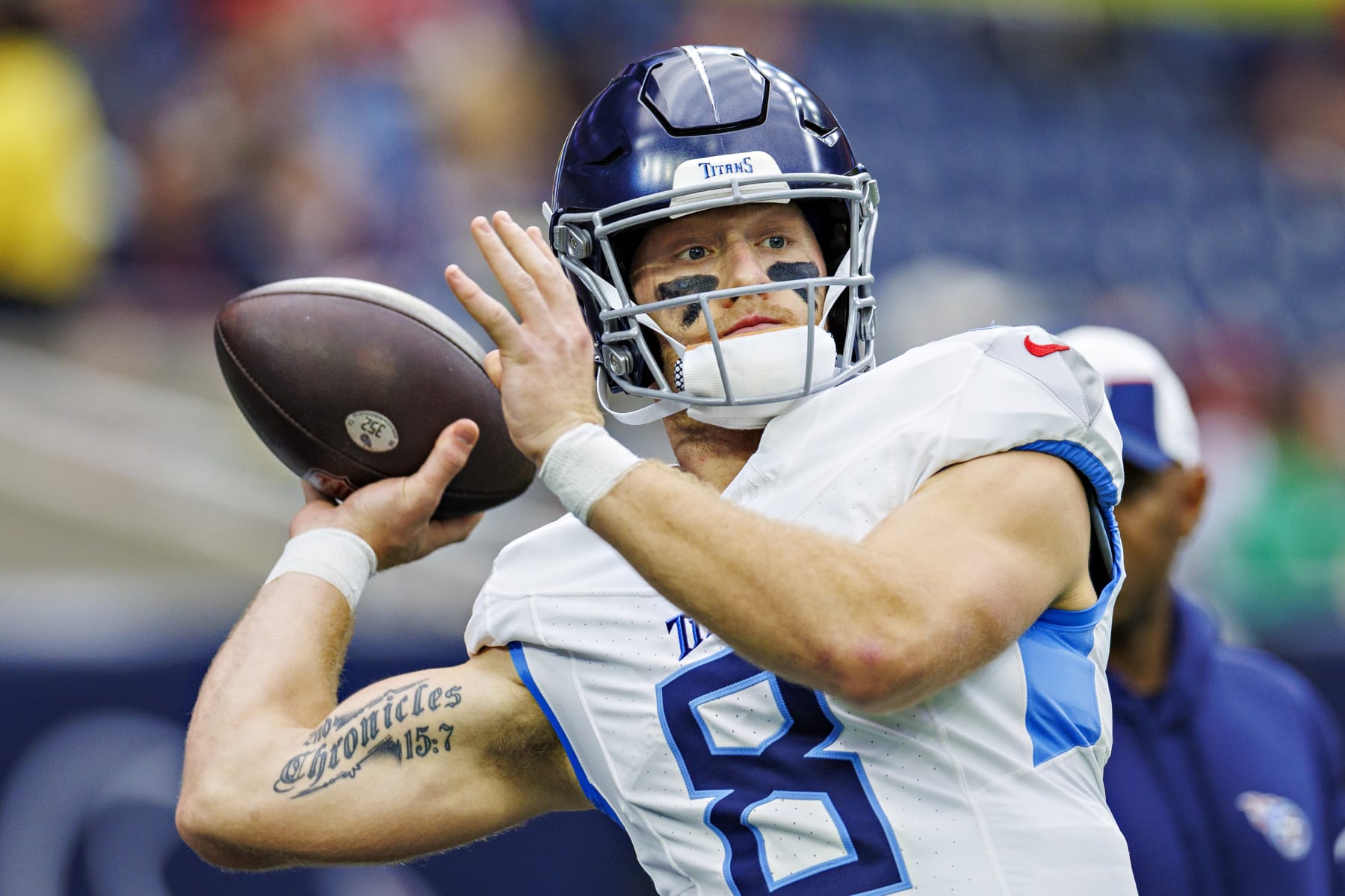 HOUSTON, TEXAS - DECEMBER 31: Will Levis #8 of the Tennessee Titans warms up before the game against the Houston Texans at NRG Stadium on December 31, 2023 in Houston, Texas. The Texans defeated the Titans 26-3.  (Photo by Wesley Hitt/Getty Images)