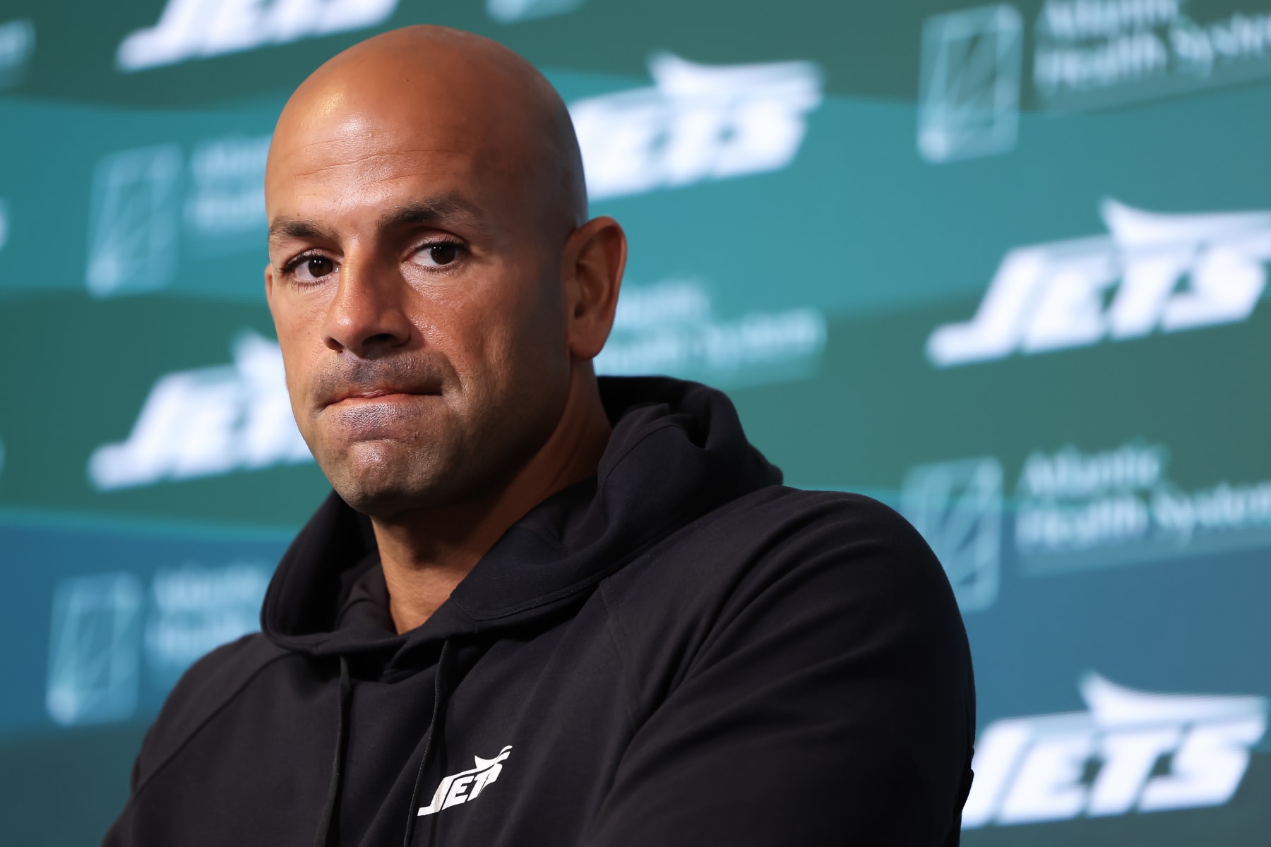 FLORHAM PARK, NEW JERSEY - JUNE 11: Head coach Robert Saleh of the New York Jets speaks to the media before New York Jets Mandatory Minicamp at Atlantic Health Jets Training Center on June 11, 2024 in Florham Park, New Jersey.  (Photo by Luke Hales/Getty Images)