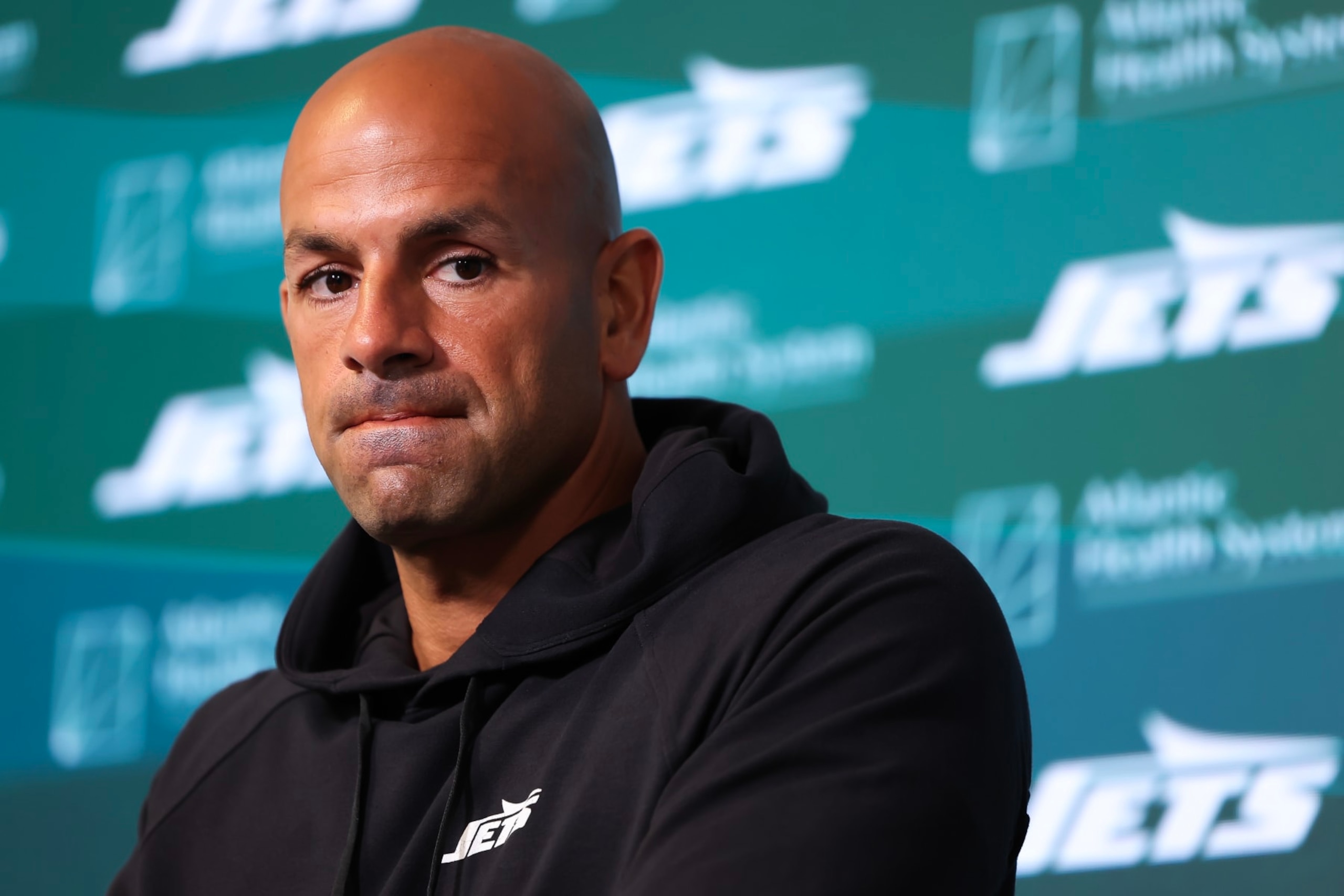 FLORHAM PARK, NEW JERSEY - JUNE 11: Head coach Robert Saleh of the New York Jets speaks to the media before New York Jets Mandatory Minicamp at Atlantic Health Jets Training Center on June 11, 2024 in Florham Park, New Jersey.  (Photo by Luke Hales/Getty Images)