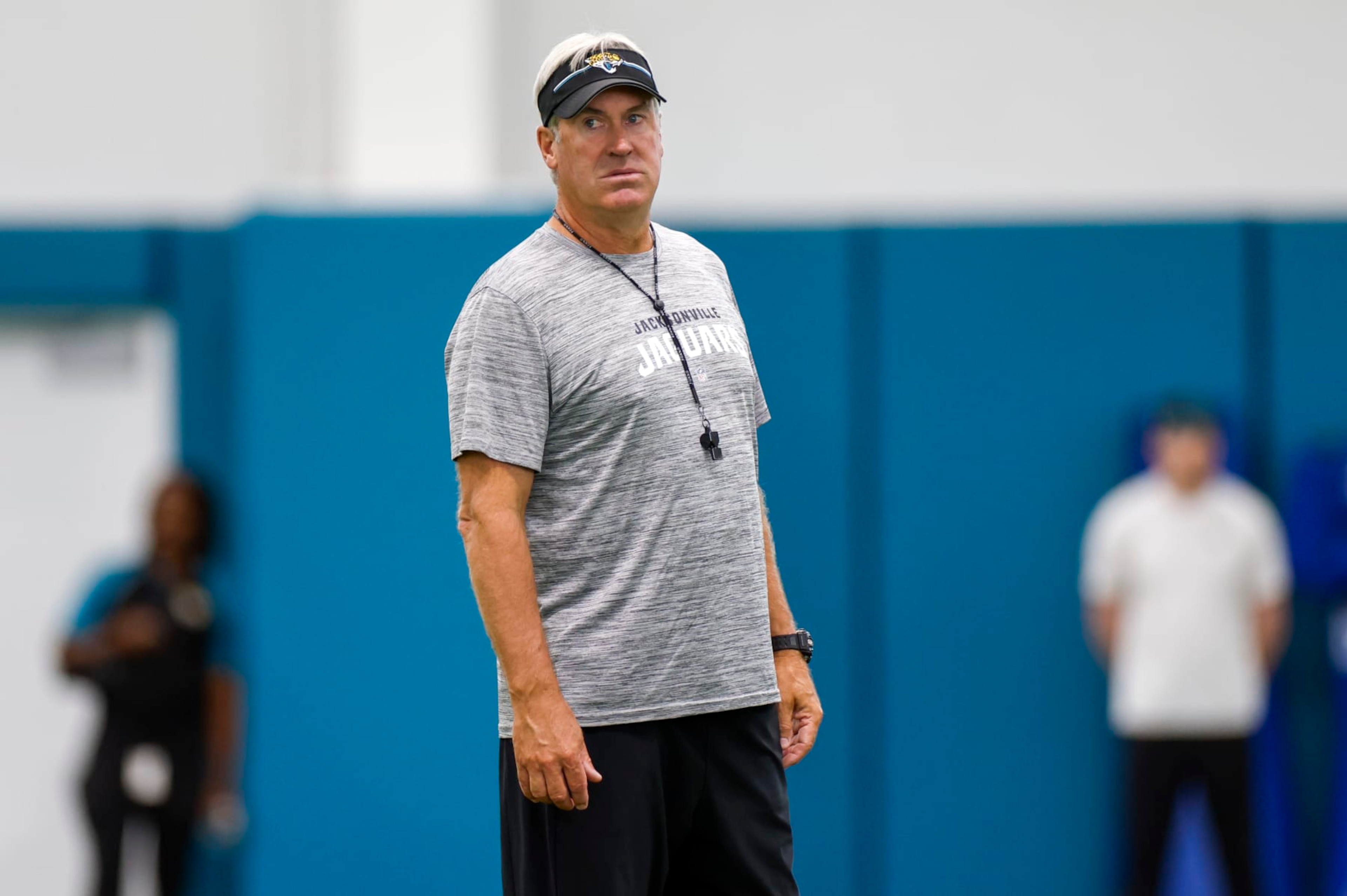 JACKSONVILLE, FL - JUNE 10: Jacksonville Jaguars head coach Doug Pederson looks on during the Jacksonville Jaguars Minicamp on June 10, 2024 at the Miller Electric Center in Jacksonville, Fl. (Photo by David Rosenblum/Icon Sportswire via Getty Images)
