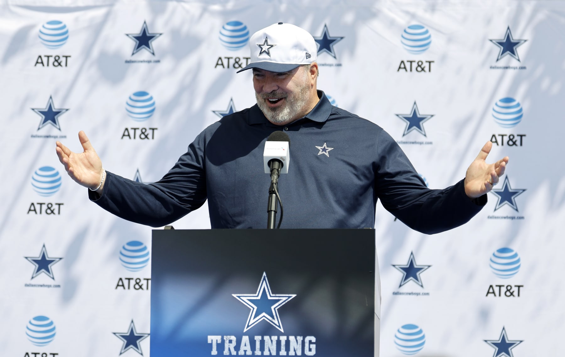 OXNARD, CALIFORNIA - JULY 30: Head coach Mike McCarthy of the Dallas Cowboys speaks during a news conference during training camp on July 30, 2024 in Oxnard, California. (Photo by Kevork Djansezian/Getty Images)