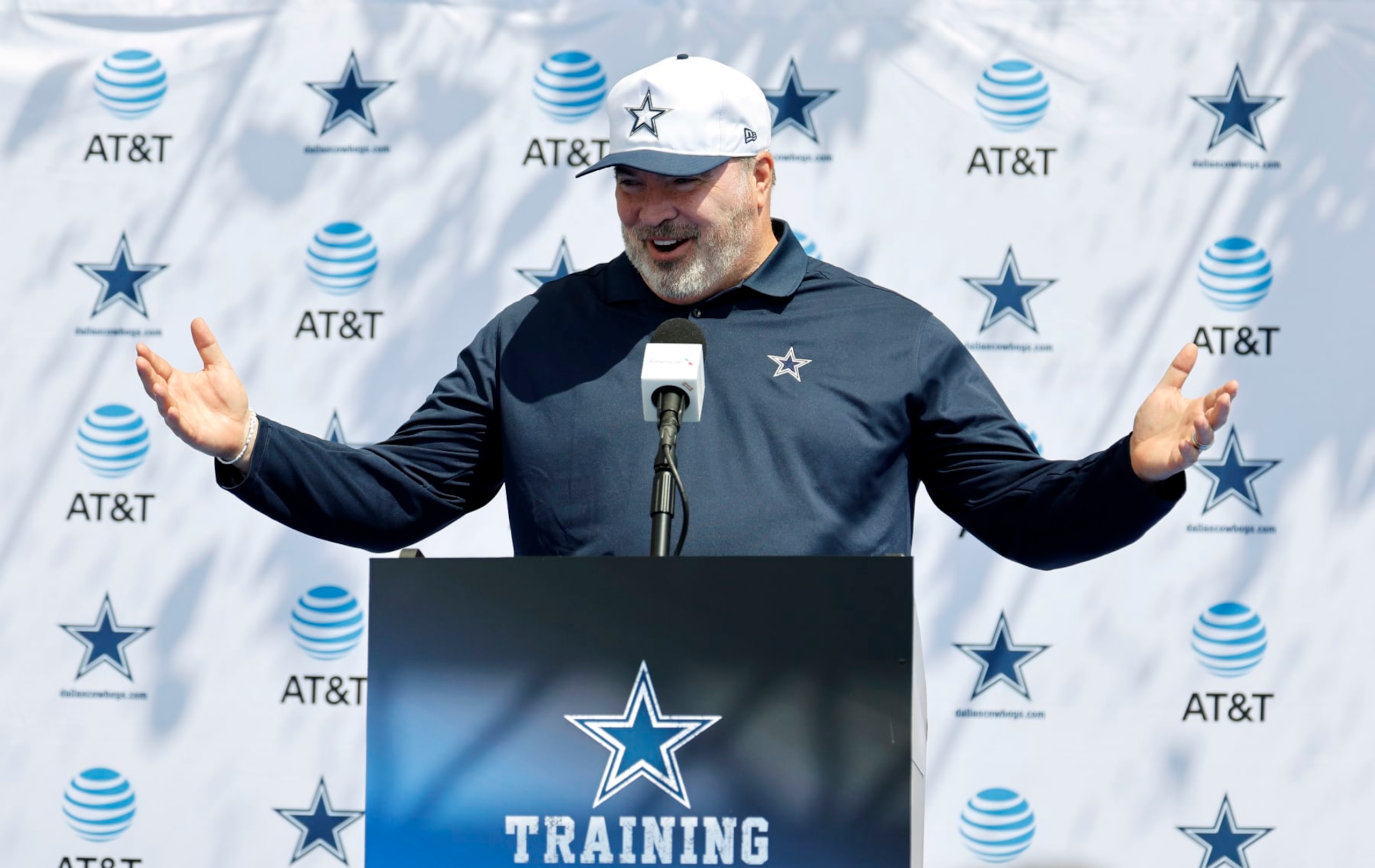 OXNARD, CALIFORNIA - JULY 30: Head coach Mike McCarthy of the Dallas Cowboys speaks during a news conference during training camp on July 30, 2024 in Oxnard, California. (Photo by Kevork Djansezian/Getty Images)
