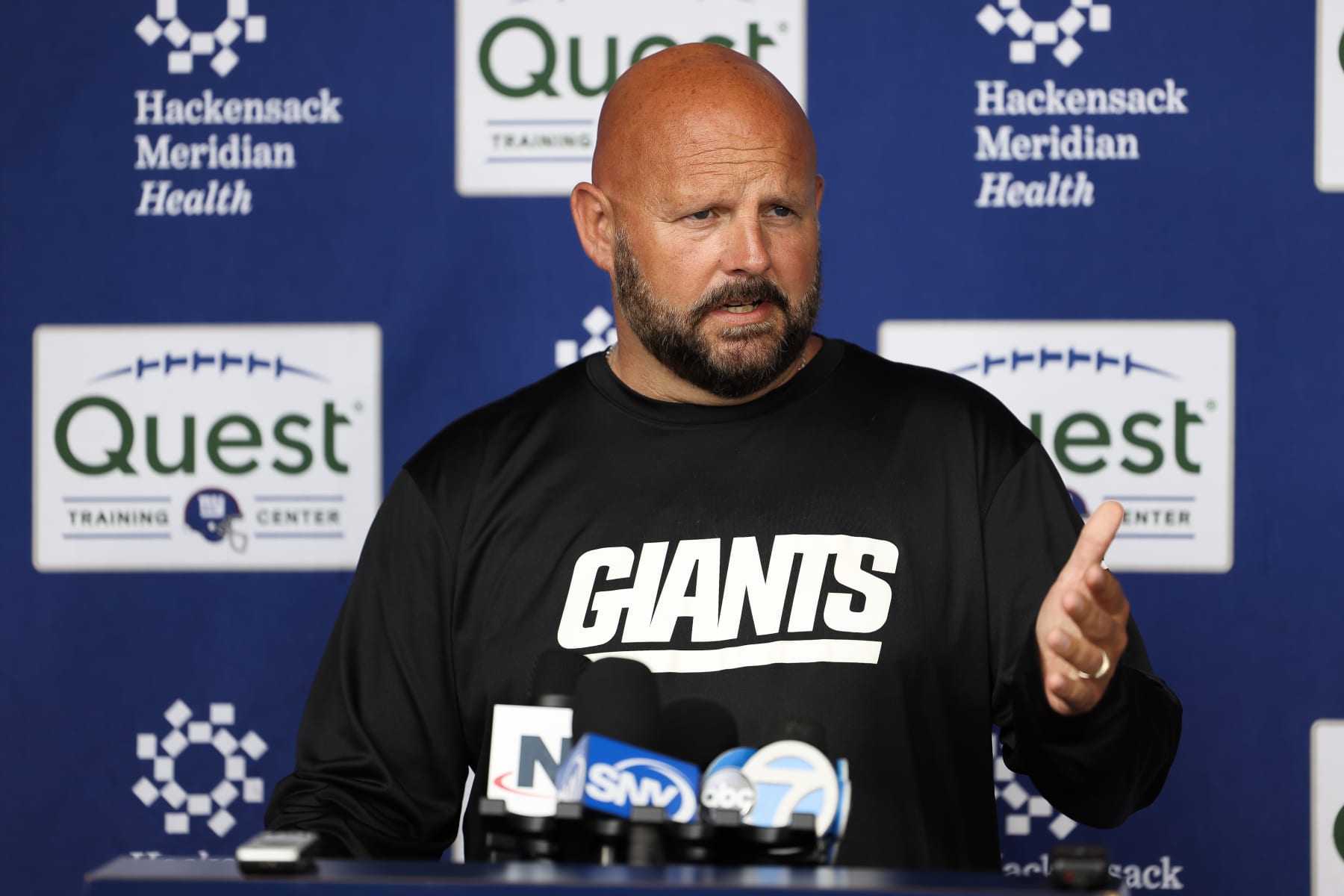 EAST RUTHERFORD, NEW JERSEY - JUNE 06: Head Coach Brian Daboll of the New York Giants speaks to the media during New York Giants OTA Offseason Workouts at NY Giants Quest Diagnostics Training Center on June 06, 2024 in East Rutherford, New Jersey.  (Photo by Luke Hales/Getty Images)