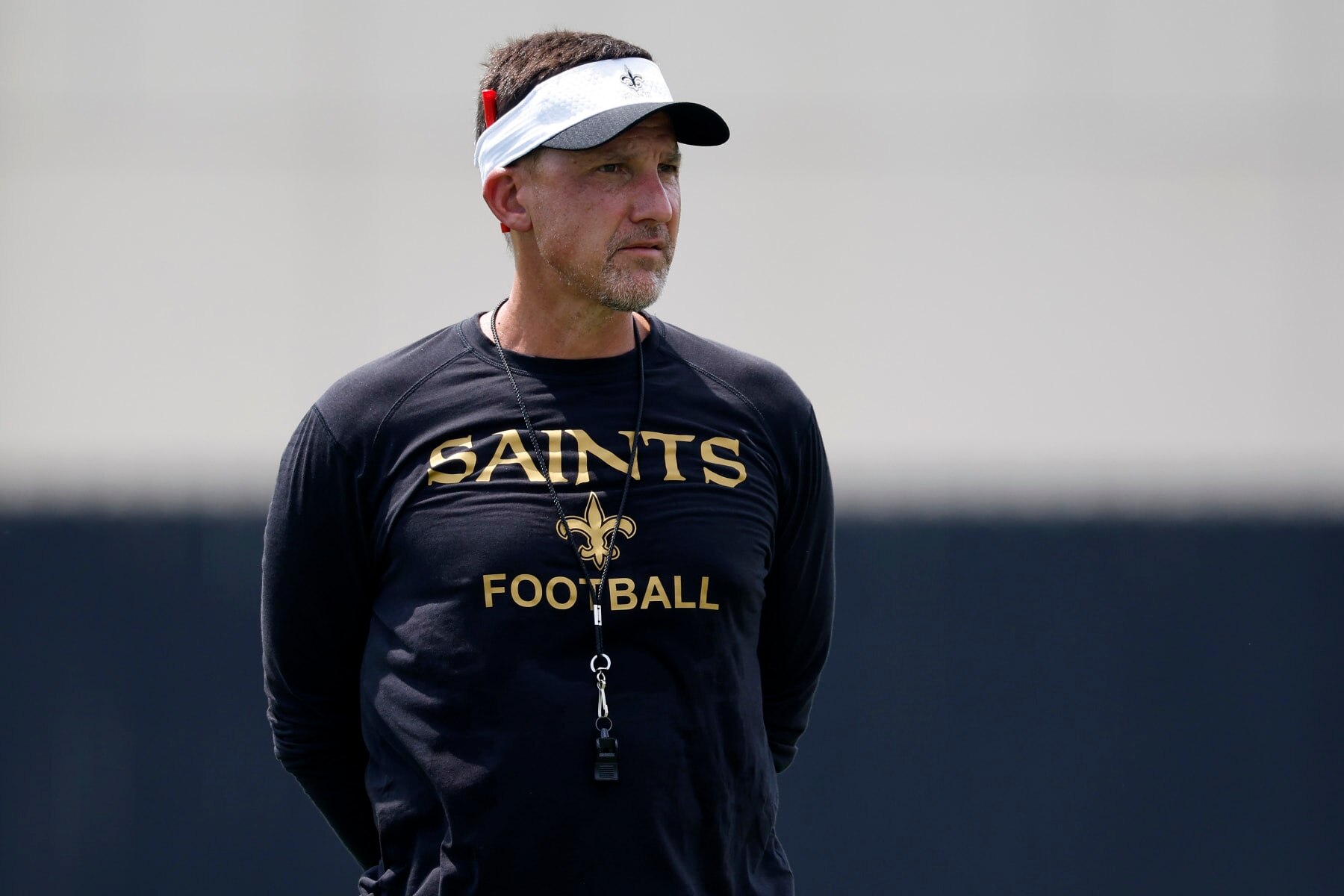 METAIRIE, LOUISIANA - MAY 28:  Head coach Dennis Allen of the New Orleans Saints attends the OTA Offseason Workout at the New Orleans Saints Practice facility on May 28, 2024 in Metairie, Louisiana. (Photo by Chris Graythen/Getty Images)