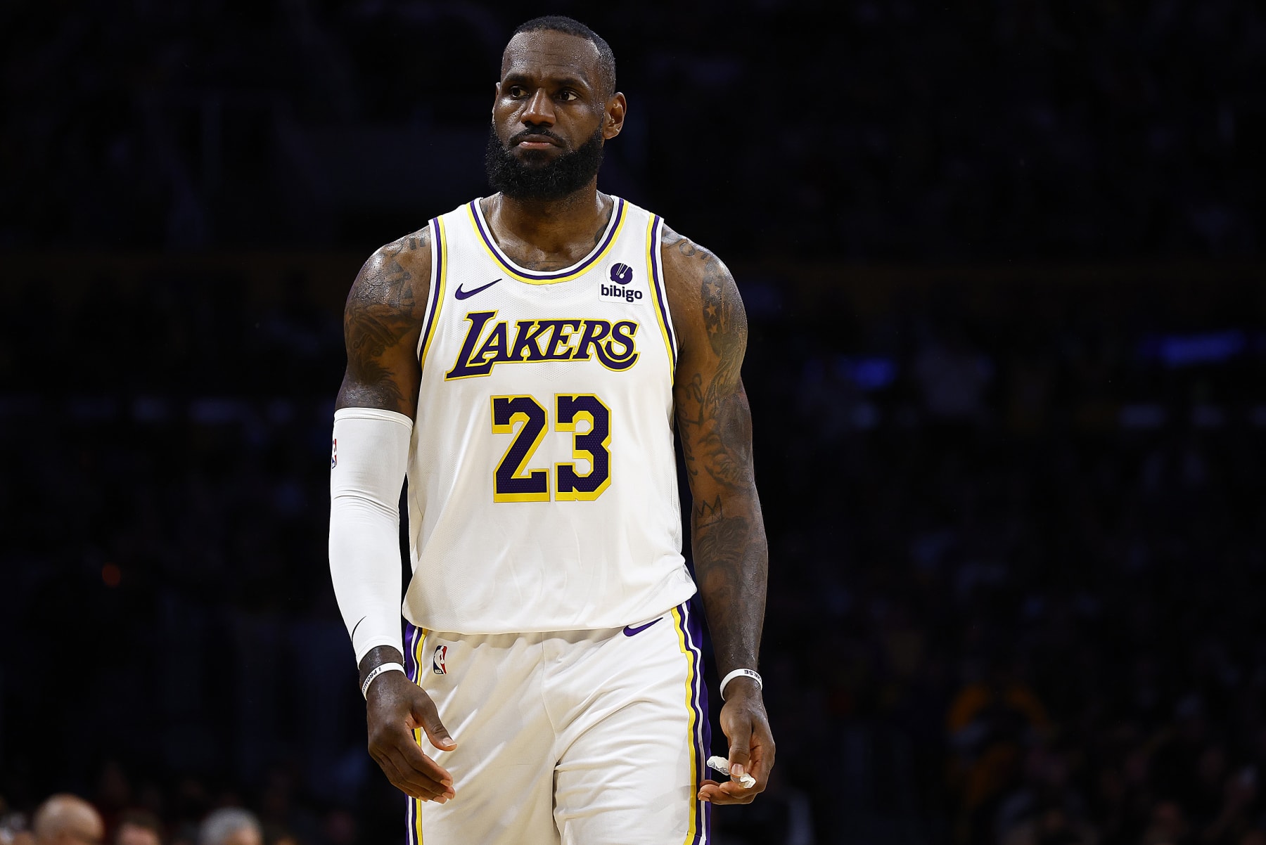 LOS ANGELES, CALIFORNIA - APRIL 27:  LeBron James #23 of the Los Angeles Lakers during game four of the Western Conference First Round Playoffs at Crypto.com Arena on April 27, 2024 in Los Angeles, California.  NOTE TO USER: User expressly acknowledges and agrees that, by downloading and/or using this photograph, user is consenting to the terms and conditions of the Getty Images License Agreement.  (Photo by Ronald Martinez/Getty Images)