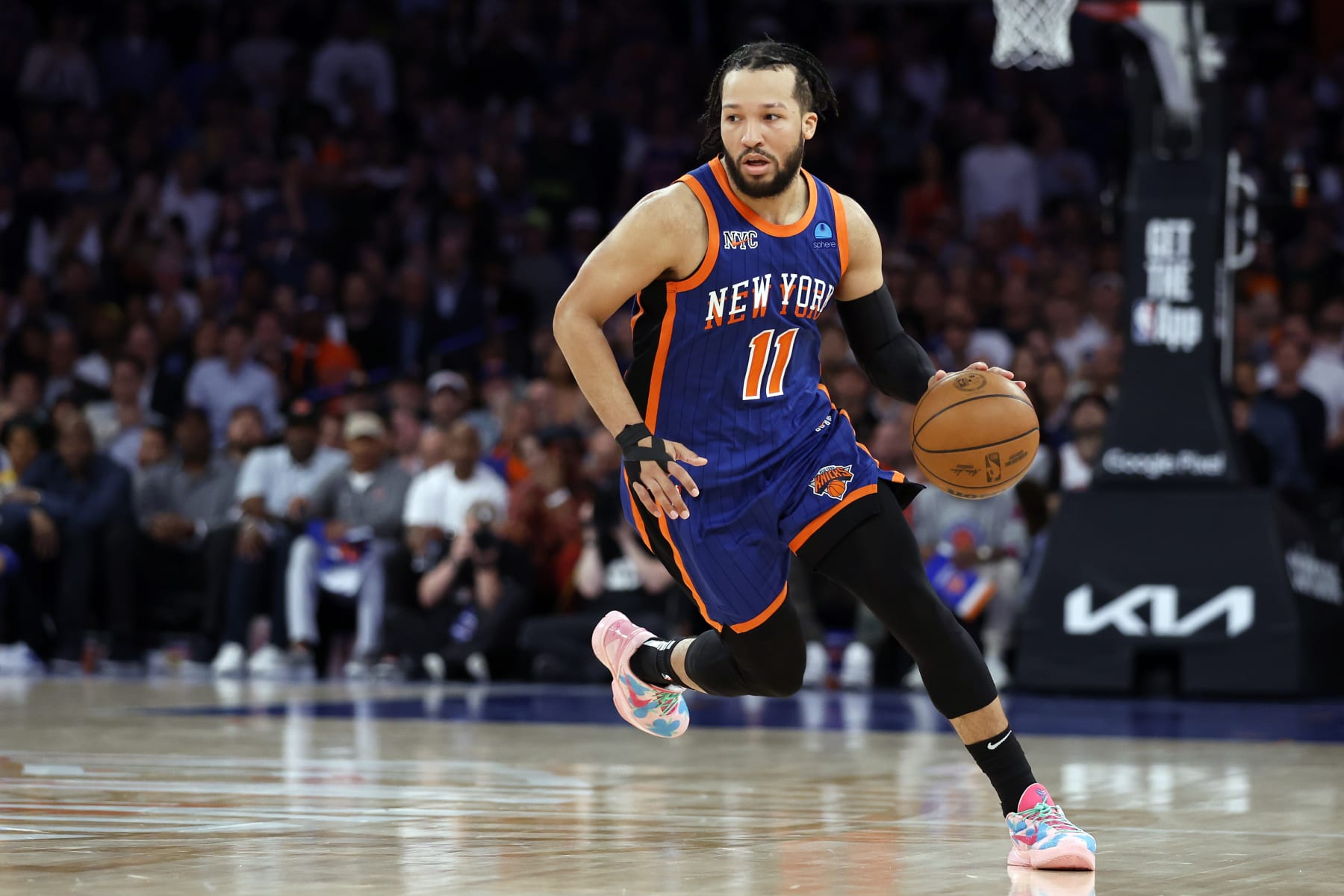 NEW YORK, NEW YORK - MAY 14: Jalen Brunson #11 of the New York Knicks dribbles during Game Five of the Eastern Conference Second Round Playoffs against the Indiana Pacers at Madison Square Garden on May 14, 2024 in New York City. The Knicks won 121-91. NOTE TO USER: User expressly acknowledges and agrees that, by downloading and or using this photograph, User is consenting to the terms and conditions of the Getty Images License Agreement. (Photo by Sarah Stier/Getty Images)
