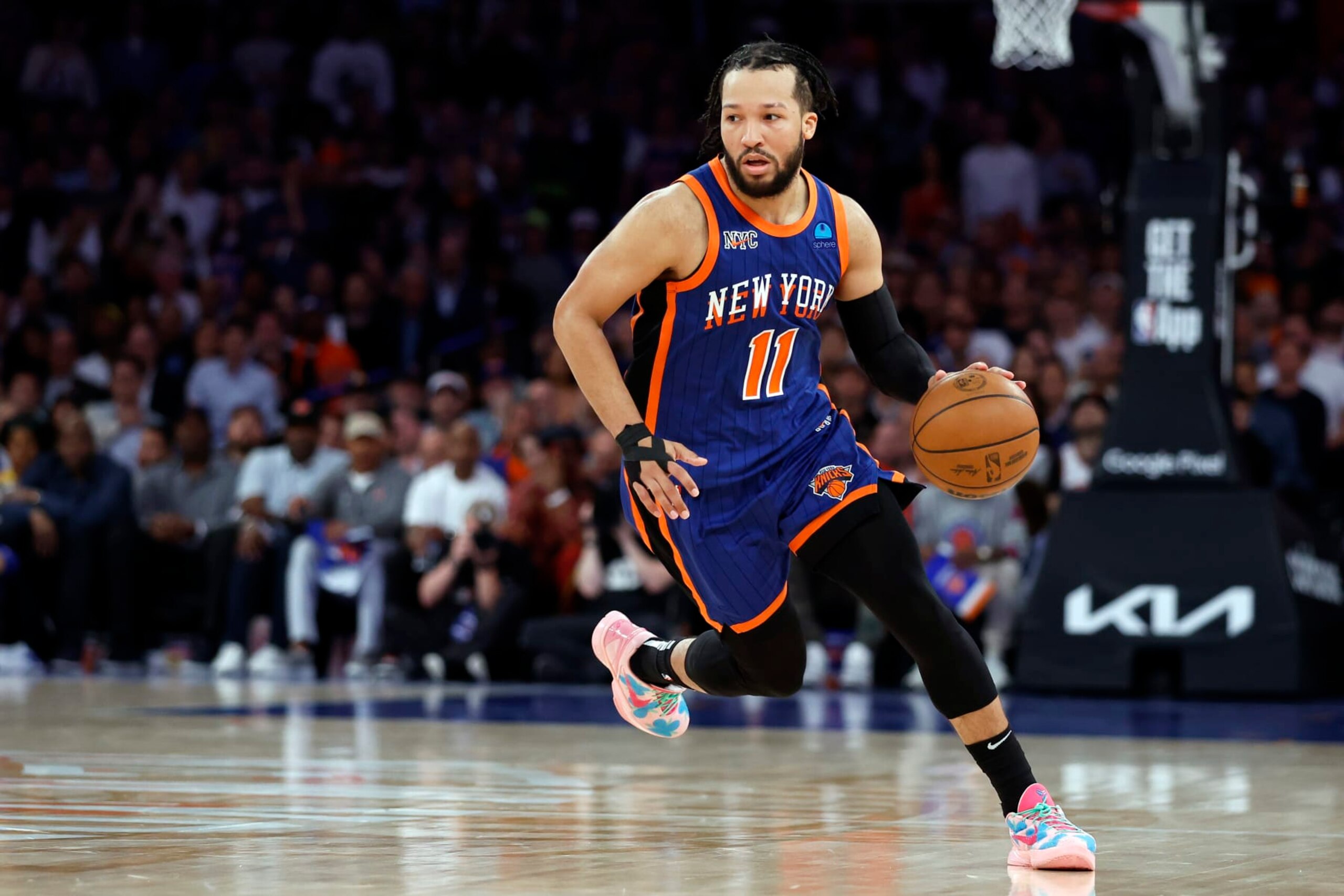 NEW YORK, NEW YORK - MAY 14: Jalen Brunson #11 of the New York Knicks dribbles during Game Five of the Eastern Conference Second Round Playoffs against the Indiana Pacers at Madison Square Garden on May 14, 2024 in New York City. The Knicks won 121-91. NOTE TO USER: User expressly acknowledges and agrees that, by downloading and or using this photograph, User is consenting to the terms and conditions of the Getty Images License Agreement. (Photo by Sarah Stier/Getty Images) NEW YORK, NEW YORK - MAY 14: Jalen Brunson #11 of the New York Knicks dribbles during Game Five of the Eastern Conference Second Round Playoffs against the Indiana Pacers at Madison Square Garden on May 14, 2024 in New York City. The Knicks won 121-91. NOTE TO USER: User expressly acknowledges and agrees that, by downloading and or using this photograph, User is consenting to the terms and conditions of the Getty Images License Agreement. (Photo by Sarah Stier/Getty Images)