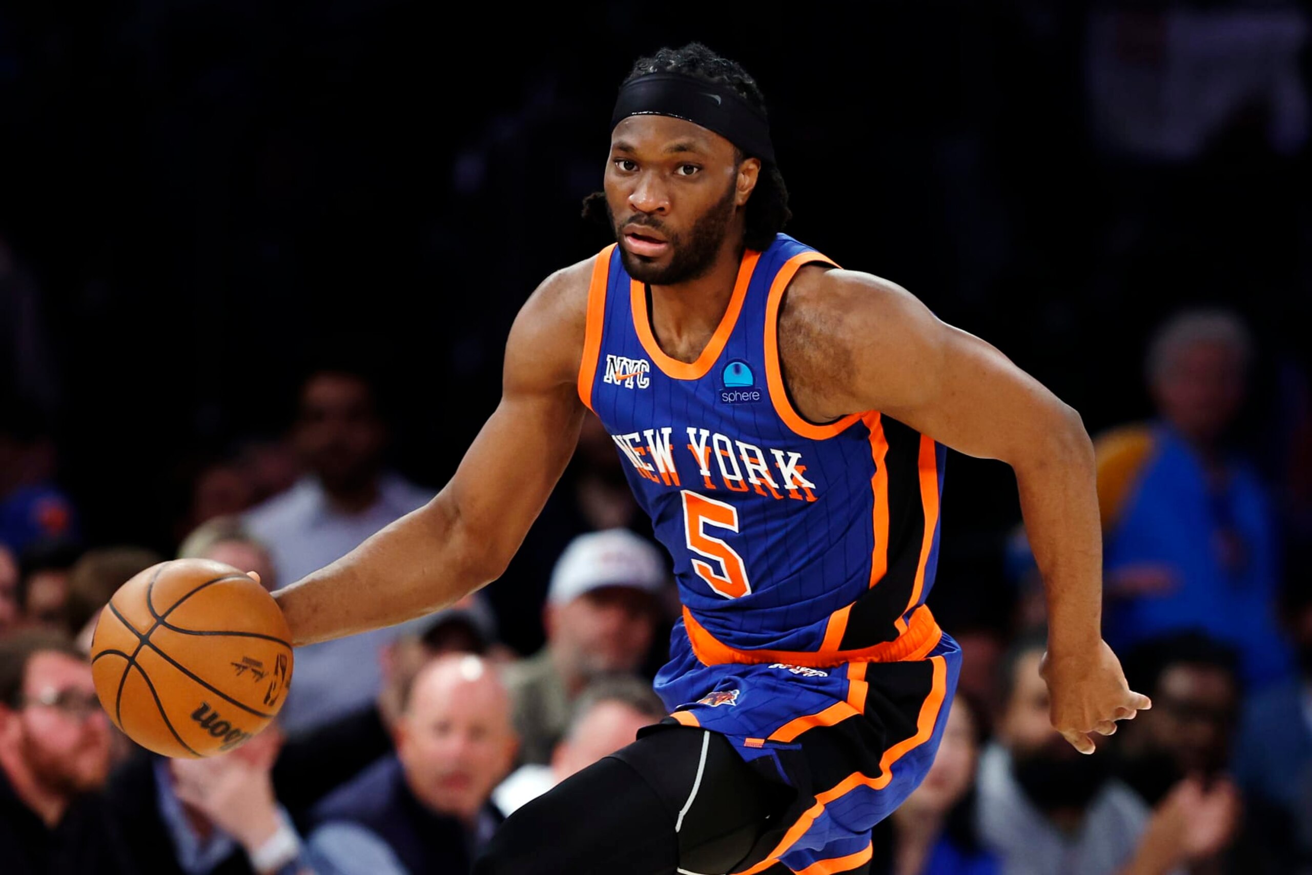 NEW YORK, NEW YORK - MAY 14: Precious Achiuwa #5 of the New York Knicks dribbles during Game Five of the Eastern Conference Second Round Playoffs against the Indiana Pacers at Madison Square Garden on May 14, 2024 in New York City. The Knicks won 121-91. NOTE TO USER: User expressly acknowledges and agrees that, by downloading and or using this photograph, User is consenting to the terms and conditions of the Getty Images License Agreement. (Photo by Sarah Stier/Getty Images) NEW YORK, NEW YORK - MAY 14: Precious Achiuwa #5 of the New York Knicks dribbles during Game Five of the Eastern Conference Second Round Playoffs against the Indiana Pacers at Madison Square Garden on May 14, 2024 in New York City. The Knicks won 121-91. NOTE TO USER: User expressly acknowledges and agrees that, by downloading and or using this photograph, User is consenting to the terms and conditions of the Getty Images License Agreement. (Photo by Sarah Stier/Getty Images)