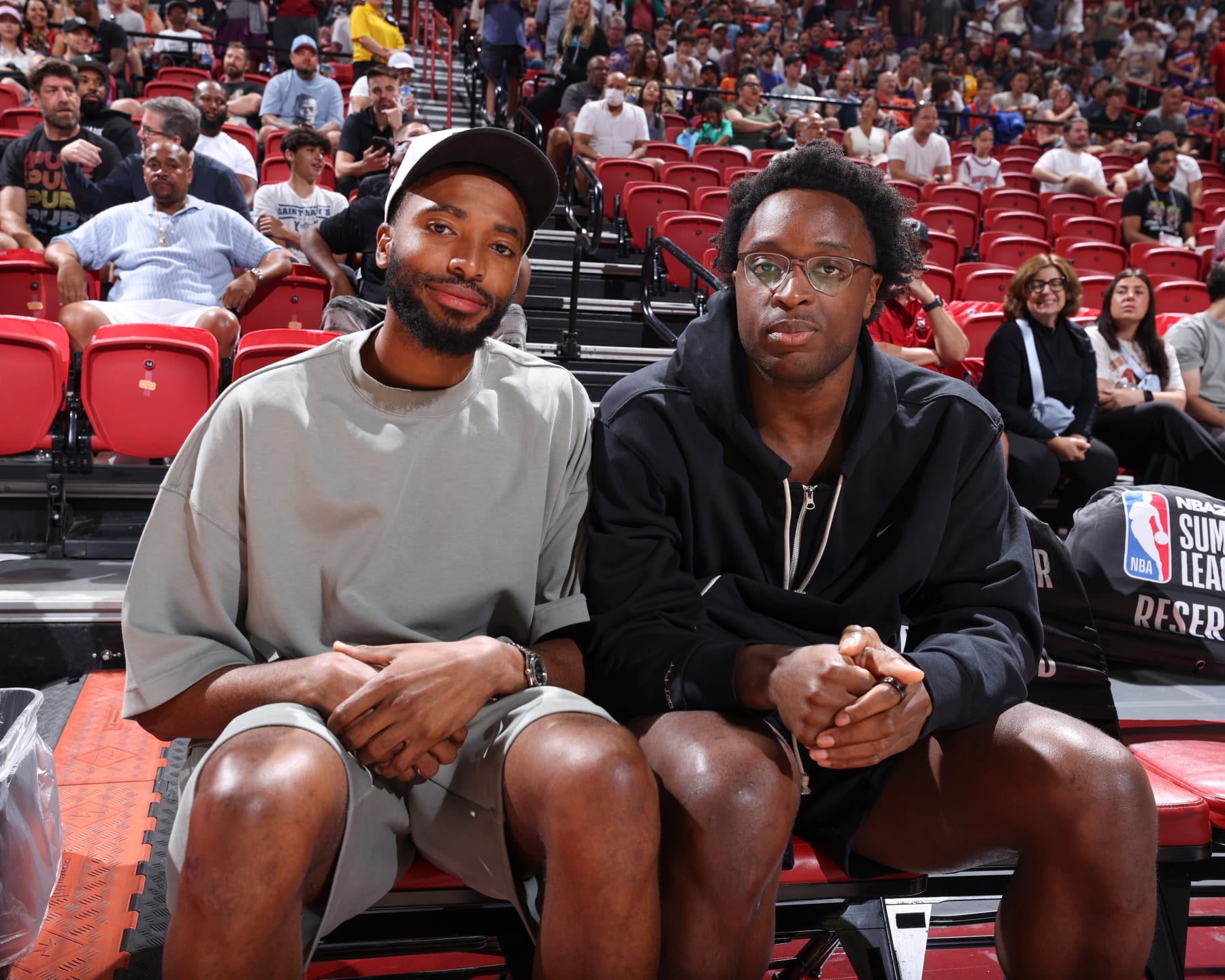 LAS VEGAS, NV - JULY 13: Mikal Bridges of the New York Knicks and OG Anunoby #8 of the New York Knicks poses for a photo during the game between the Charlotte Hornets and New York Knicks on July 13, 2024 at the Thomas & Mack Center in Las Vegas, Nevada. NOTE TO USER: User expressly acknowledges and agrees that, by downloading and or using this photograph, User is consenting to the terms and conditions of the Getty Images License Agreement. Mandatory Copyright Notice: Copyright 2024 NBAE (Photo by Stephen Gosling/NBAE via Getty Images)