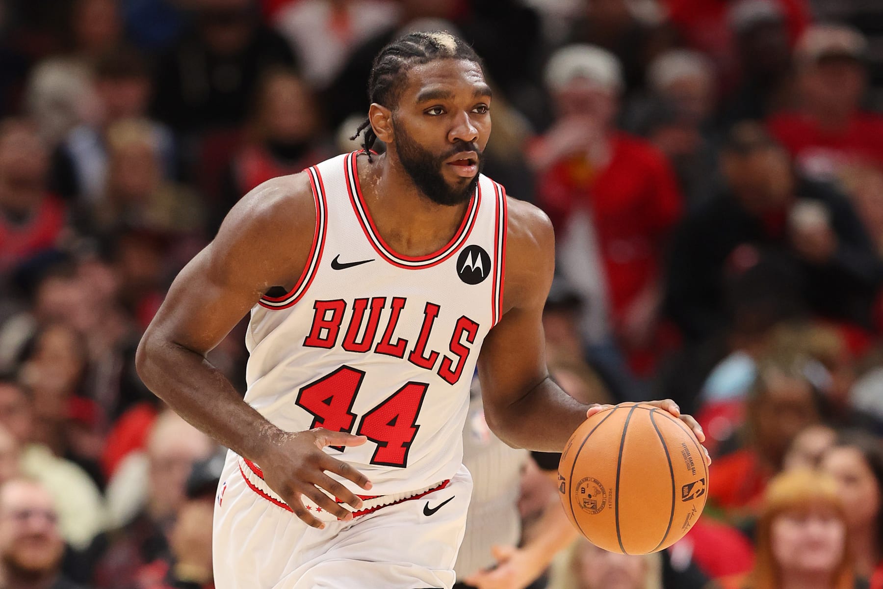 CHICAGO, ILLINOIS - DECEMBER 23: Patrick Williams #44 of the Chicago Bulls dribbles up the court against the Cleveland Cavaliers during the second half at the United Center on December 23, 2023 in Chicago, Illinois. NOTE TO USER: User expressly acknowledges and agrees that, by downloading and or using this photograph, User is consenting to the terms and conditions of the Getty Images License Agreement. (Photo by Michael Reaves/Getty Images)