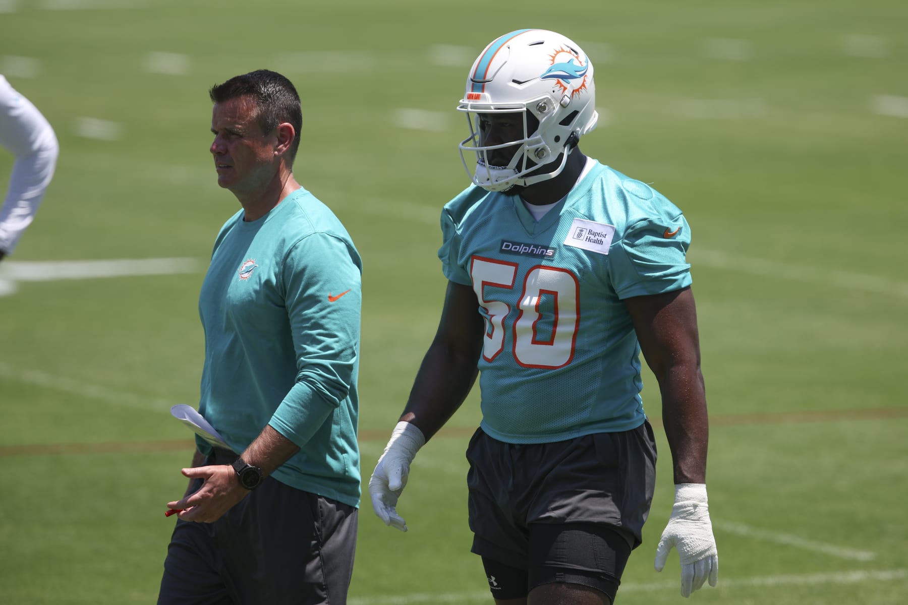 MAMII GARDNES, FL - MAY 10: Miami Dolphin draft pick Mohamed Kamara (50) runs drills during the Miami Dolphins Rookie Mini Camp on Friday. May 10, 2024 at Baptist Health Training Complex in Miami Gardens, Fla. (Photo by Peter Joneleit/Icon Sportswire via Getty Images)
