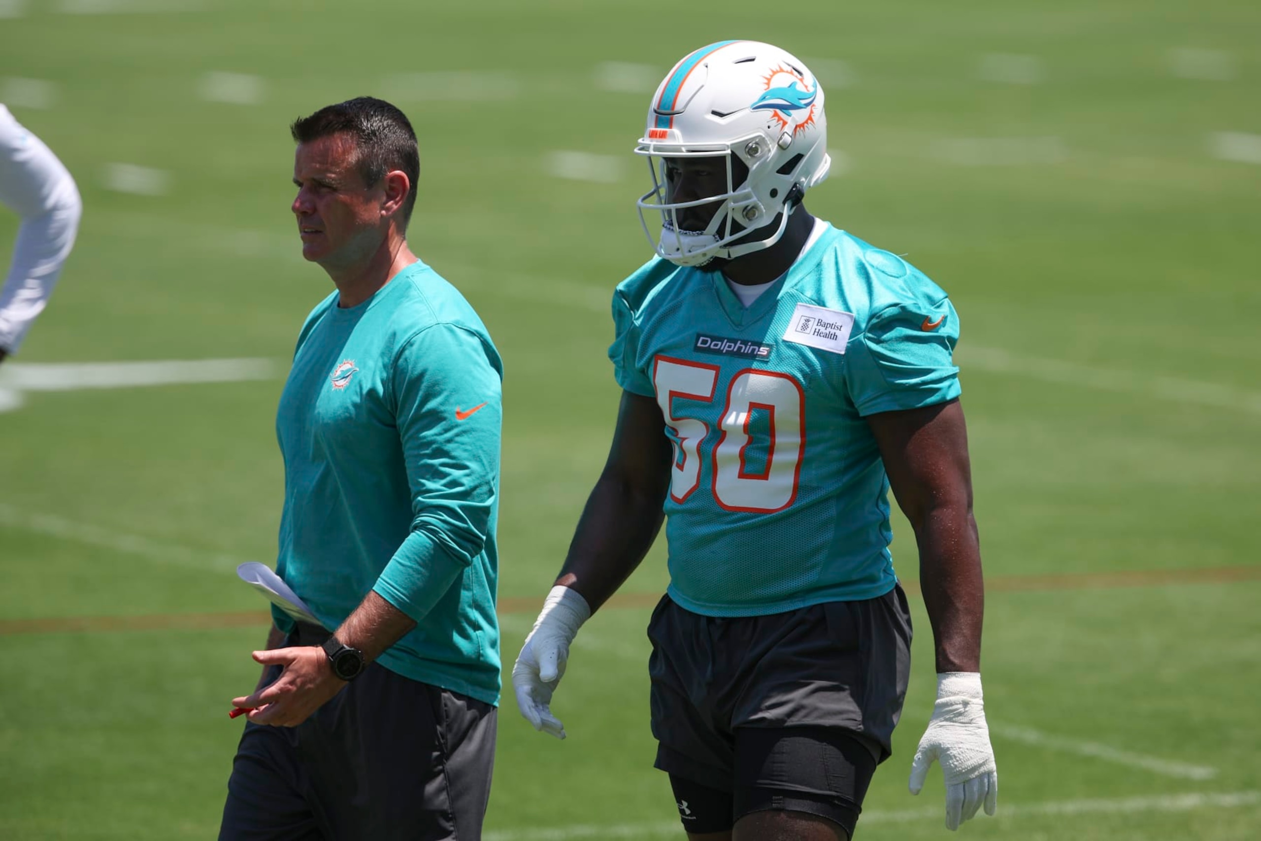 MAMII GARDNES, FL - MAY 10: Miami Dolphin draft pick Mohamed Kamara (50) runs drills during the Miami Dolphins Rookie Mini Camp on Friday. May 10, 2024 at Baptist Health Training Complex in Miami Gardens, Fla. (Photo by Peter Joneleit/Icon Sportswire via Getty Images)