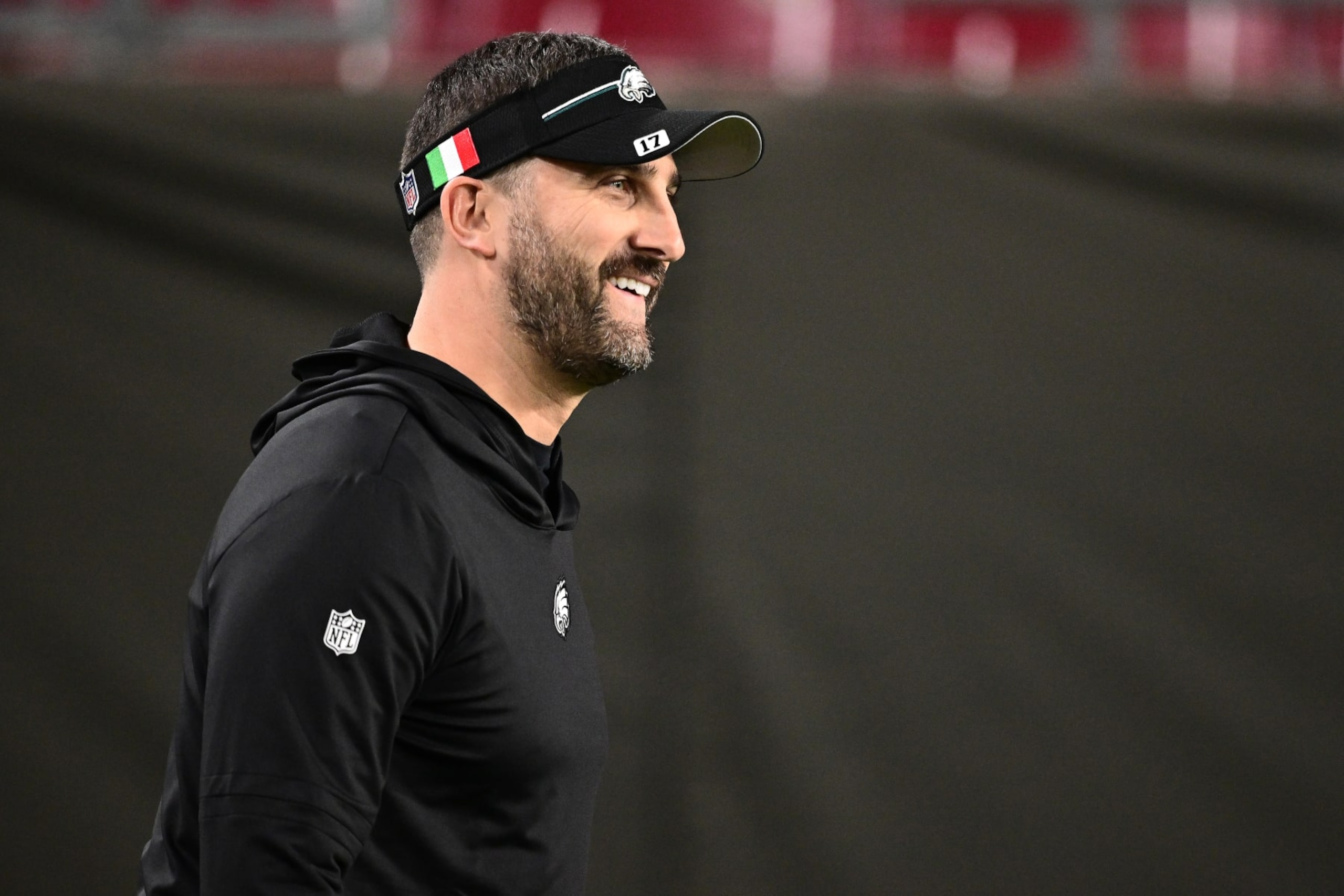 TAMPA, FLORIDA - JANUARY 15: Head coach Nick Sirianni of the Philadelphia Eagles looks on prior to the NFC Wild Card Playoffs against the Tampa Bay Buccaneers at Raymond James Stadium on January 15, 2024 in Tampa, Florida. (Photo by Julio Aguilar/Getty Images)