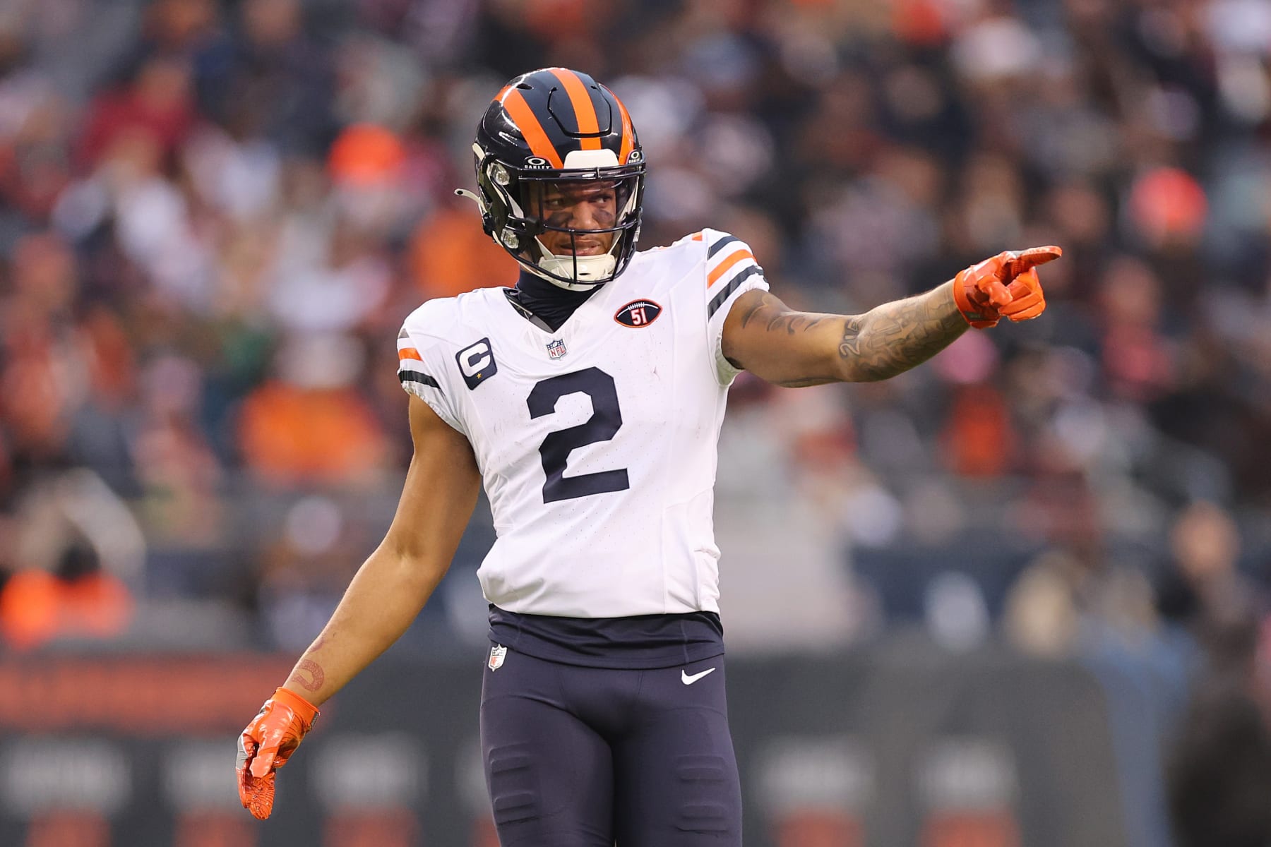 CHICAGO, ILLINOIS - DECEMBER 24: DJ Moore #2 of the Chicago Bears reacts against the Arizona Cardinals at Soldier Field on December 24, 2023 in Chicago, Illinois. (Photo by Michael Reaves/Getty Images)