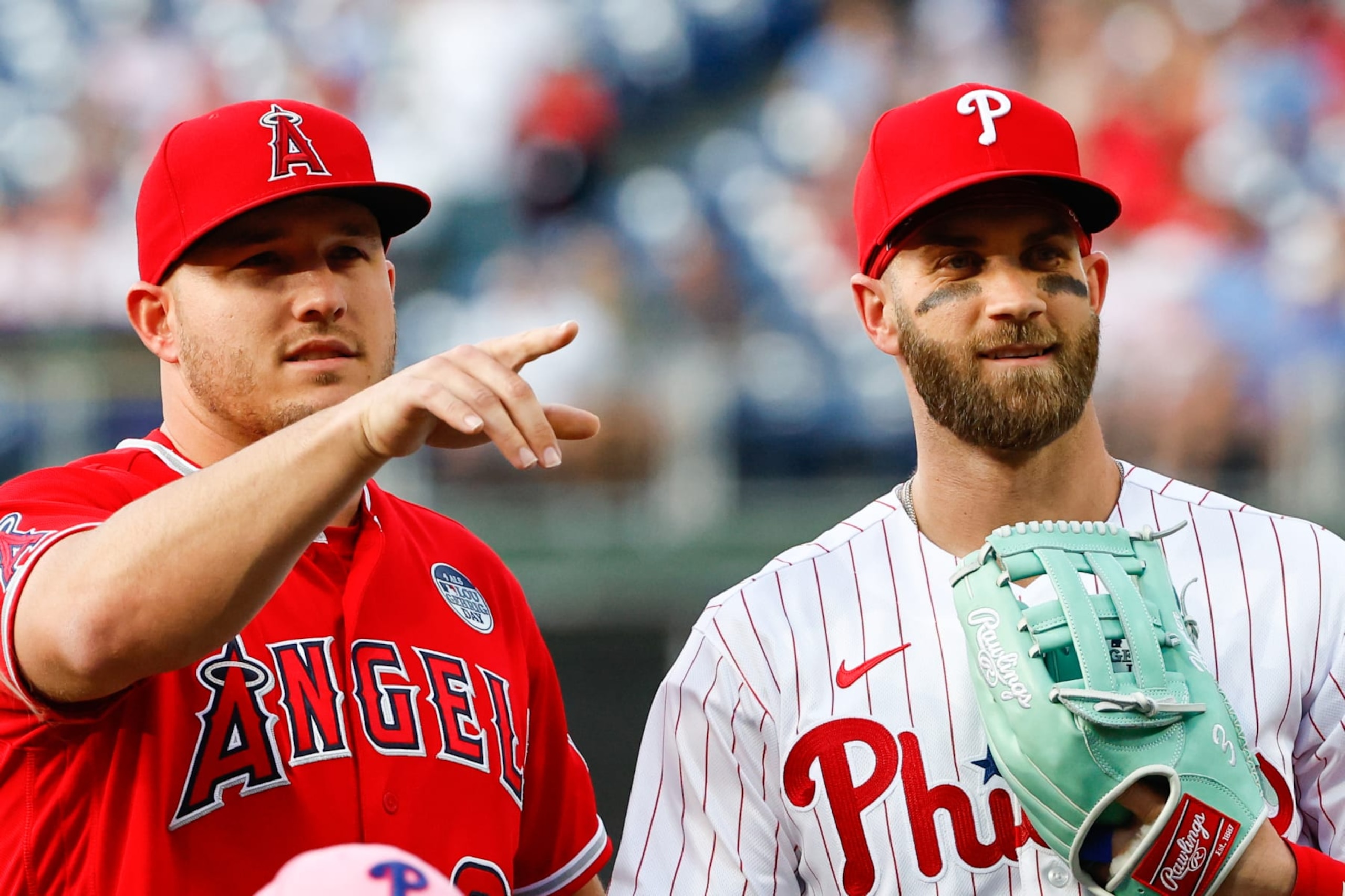 PHILADELPHIA, PA - JUNE 03:  Los Angeles Angels center fielder Mike Trout (27) and Philadelphia Phillies designated hitter Bryce Harper (3) pose for photos on the field prior to the Major League Baseball game between the Philadelphia Phillies and the Los Angeles Angels on June 3, 2022 at Citizens Bank Park in Philadelphia, Pennsylvania.   (Photo by Rich Graessle/Icon Sportswire via Getty Images)