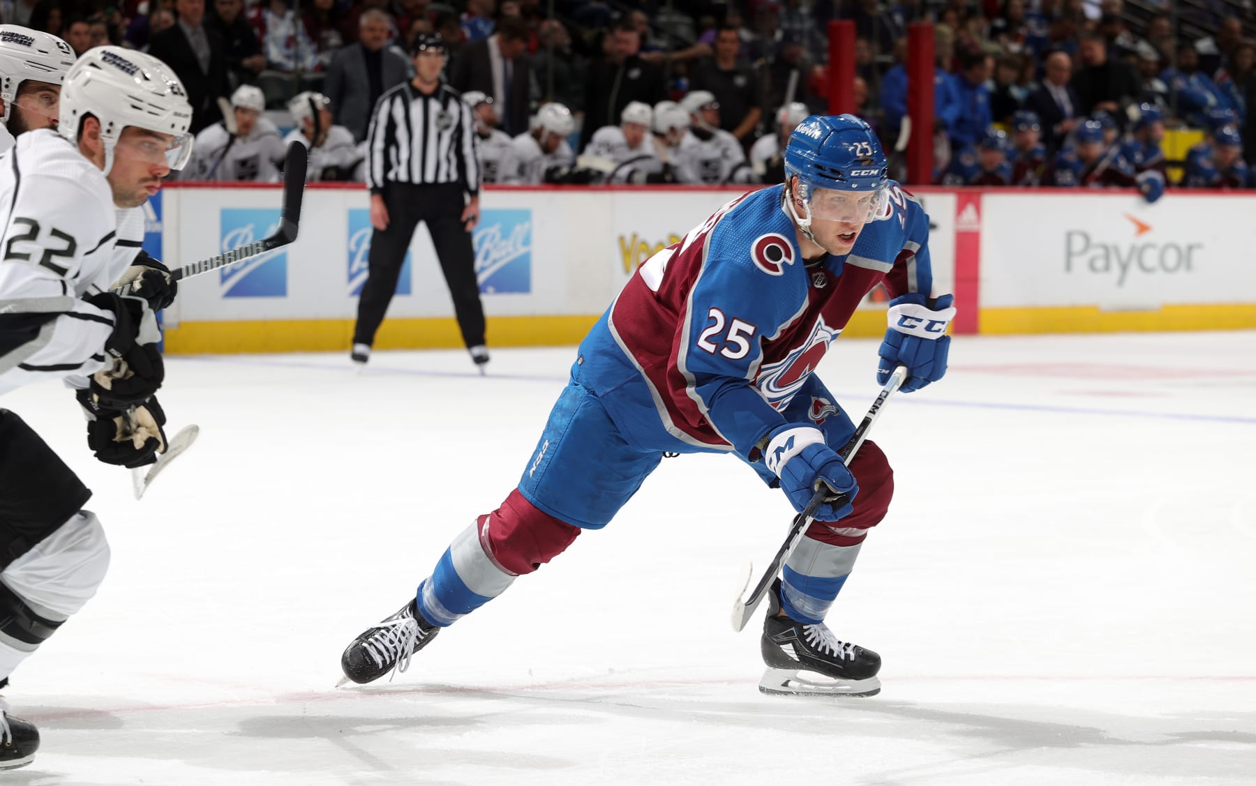 DENVER, COLORADO - JANUARY 26: Logan O'Connor #25 of the Colorado Avalanche skates against the Los Angeles Kings at Ball Arena on January 26, 2024 in Denver, Colorado. (Photo by Michael Martin/NHLI via Getty Images)