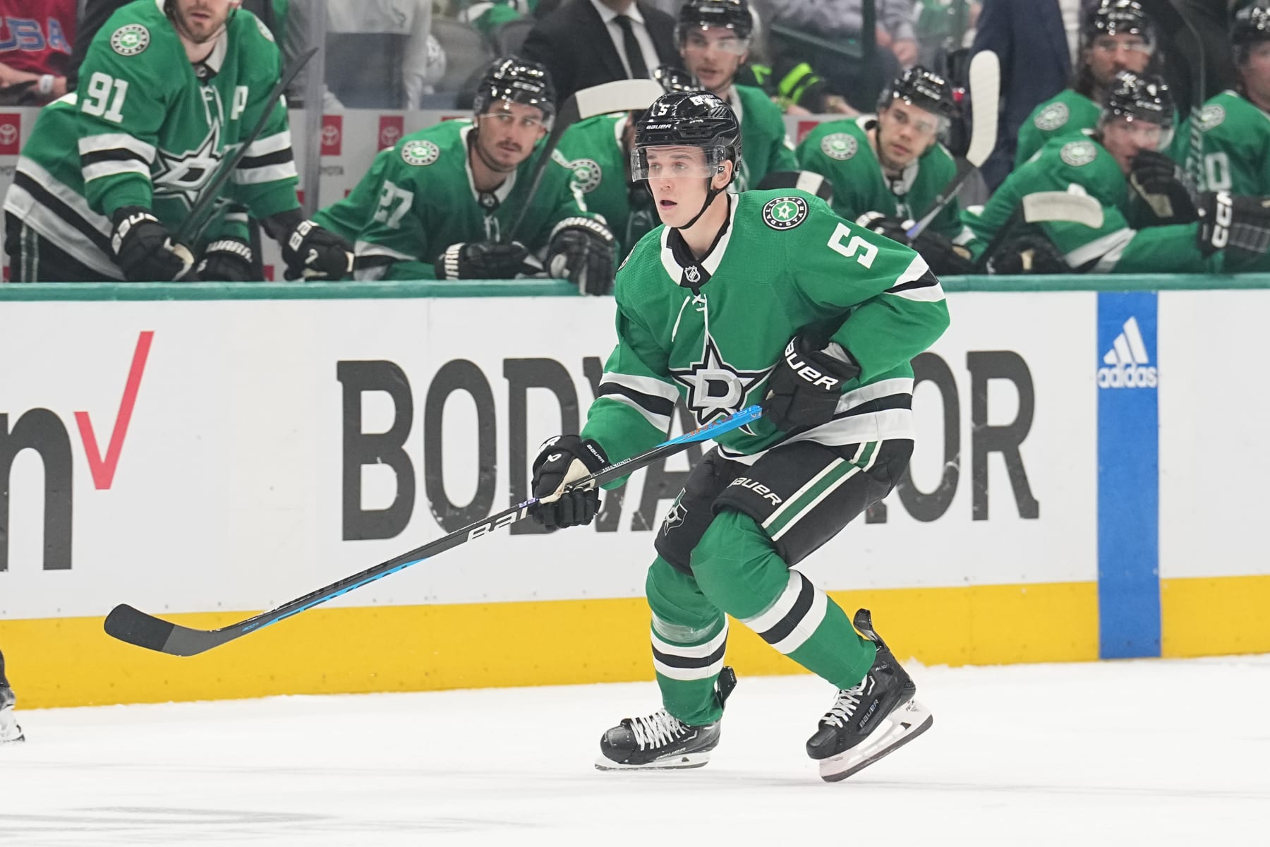 DALLAS, TX - APRIL 24: Nils Lundkvist #5 of the Dallas Stars skates against the Vegas Golden Knights at the American Airlines Center on April 24, 2024 in Dallas, Texas. (Photo by Glenn James/NHLI via Getty Images)