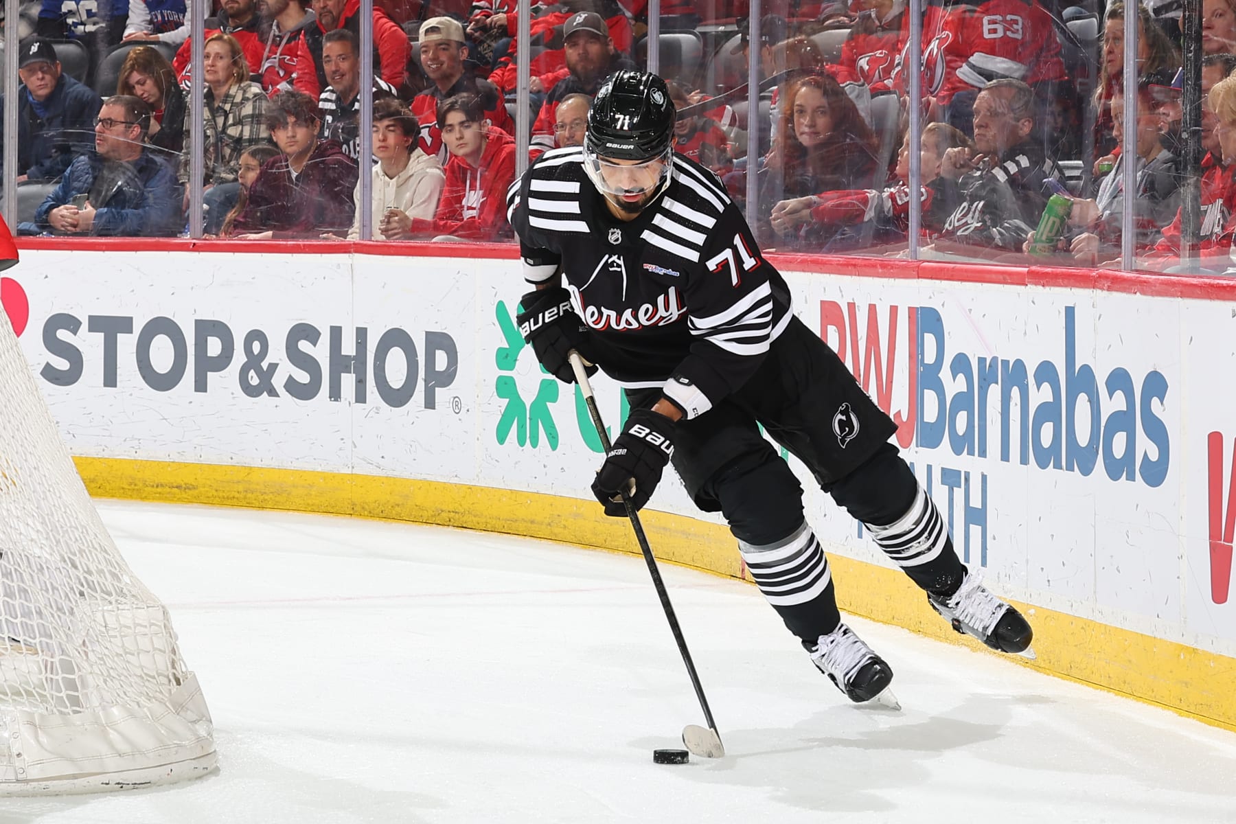 NEWARK, NJ - MARCH 09: Jonas Siegenthaler #71 of the New Jersey Devils skates in the second period of the game against the Carolina Hurricanes at the Prudential Center on March 9, 2024 in Newark, New Jersey.  (Photo by Rich Graessle/NHLI via Getty Images)