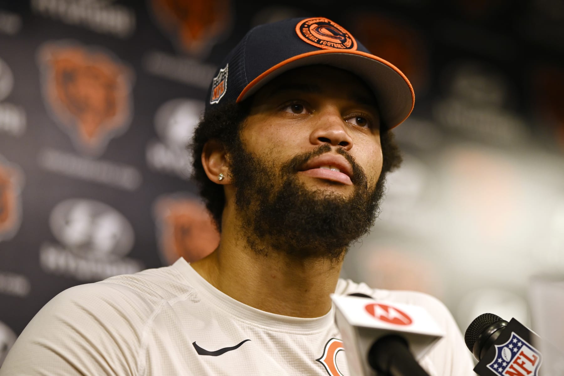 LAKE FOREST, ILLINOIS - JUNE 06: Caleb Williams #18 of the Chicago Bears speaks during a new conference after the Chicago Bears mandatory minicamp at Halas Hall on June 06, 2024 in Lake Forest, Illinois. (Photo by Quinn Harris/Getty Images)