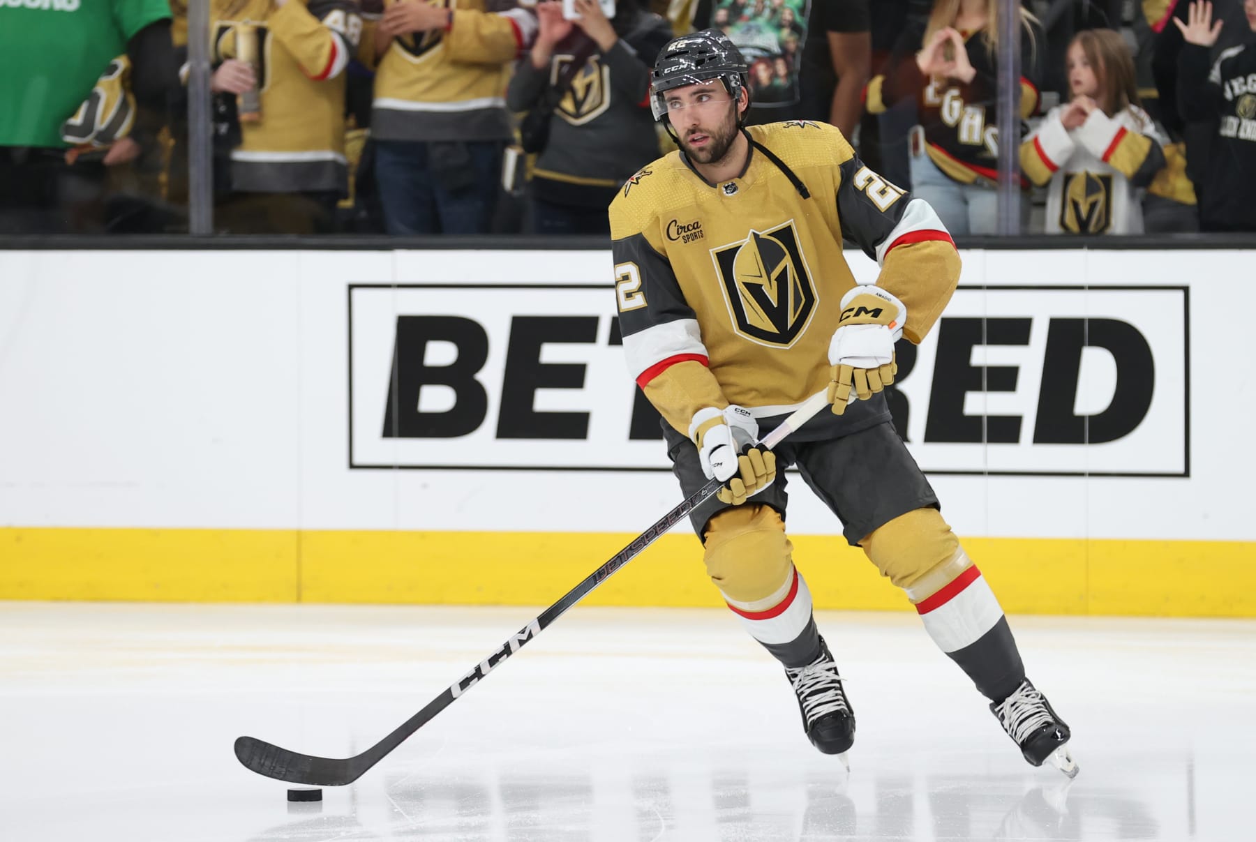 LAS VEGAS, NEVADA - APRIL 29: Michael Amadio #22 of the Vegas Golden Knights warms up prior to Game Four of the First Round of the 2024 Stanley Cup Playoffs against the Dallas Stars at T-Mobile Arena on April 29, 2024 in Las Vegas, Nevada. (Photo by Zak Krill/NHLI via Getty Images)