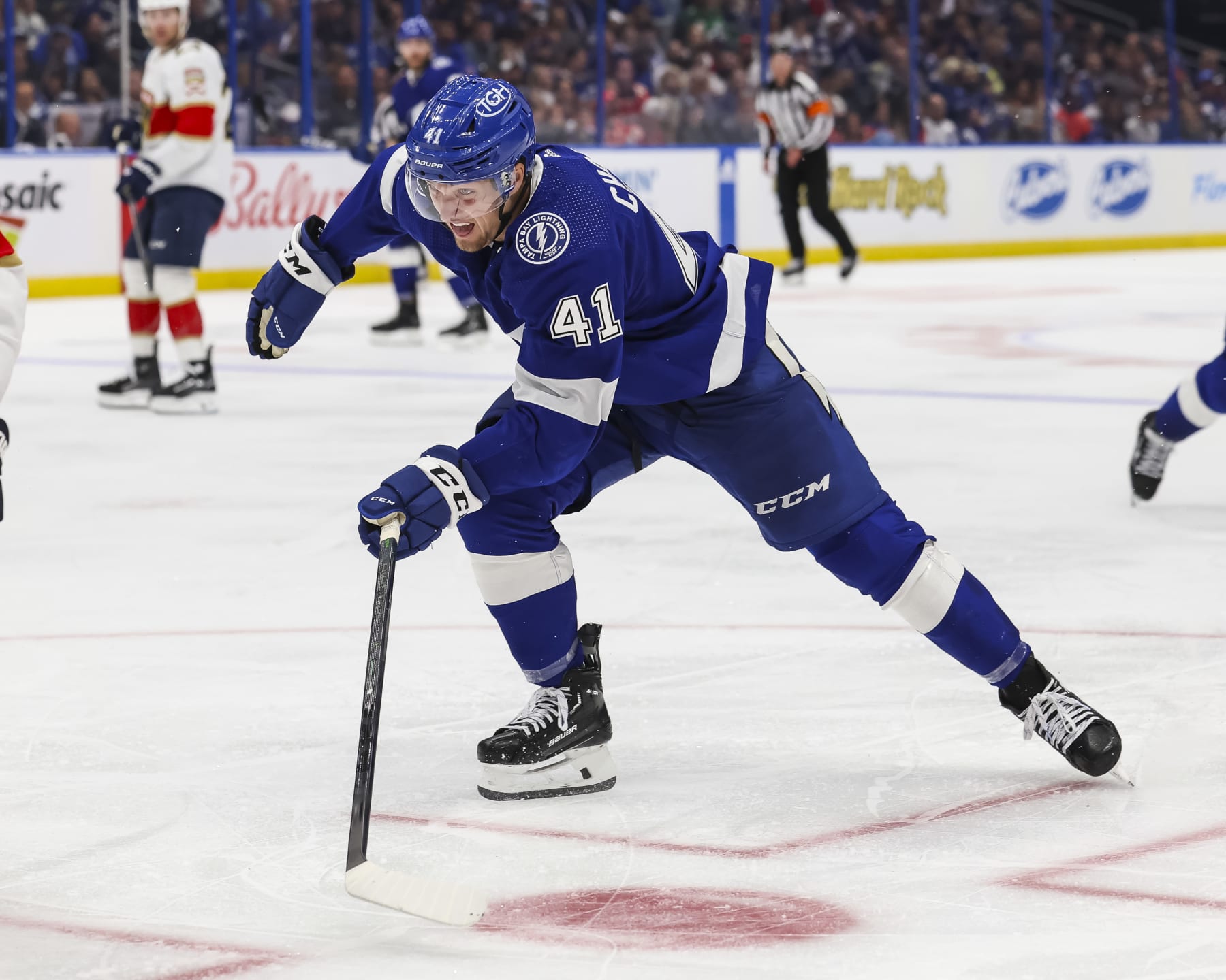 TAMPA, FL - APRIL 25: Mitchell Chaffee #41 of the Tampa Bay Lightning skates against the Florida Panthers in Game Three of the First Round of the 2024 Stanley Cup Playoffs at Amalie Arena on April 25, 2024 in Tampa, Florida. (Photo by Mark LoMoglio/NHLI via Getty Images)
