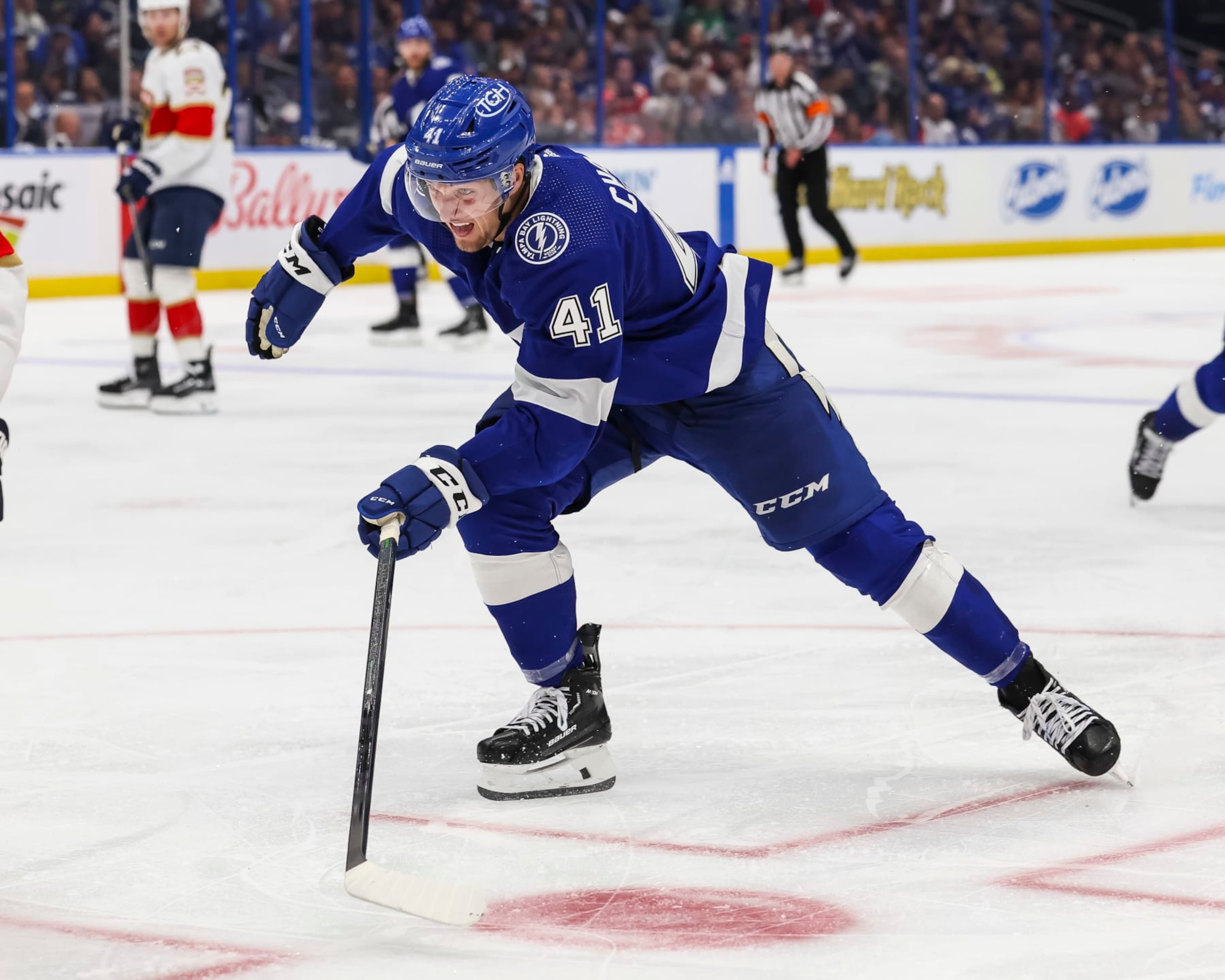 TAMPA, FL - APRIL 25: Mitchell Chaffee #41 of the Tampa Bay Lightning skates against the Florida Panthers in Game Three of the First Round of the 2024 Stanley Cup Playoffs at Amalie Arena on April 25, 2024 in Tampa, Florida. (Photo by Mark LoMoglio/NHLI via Getty Images)