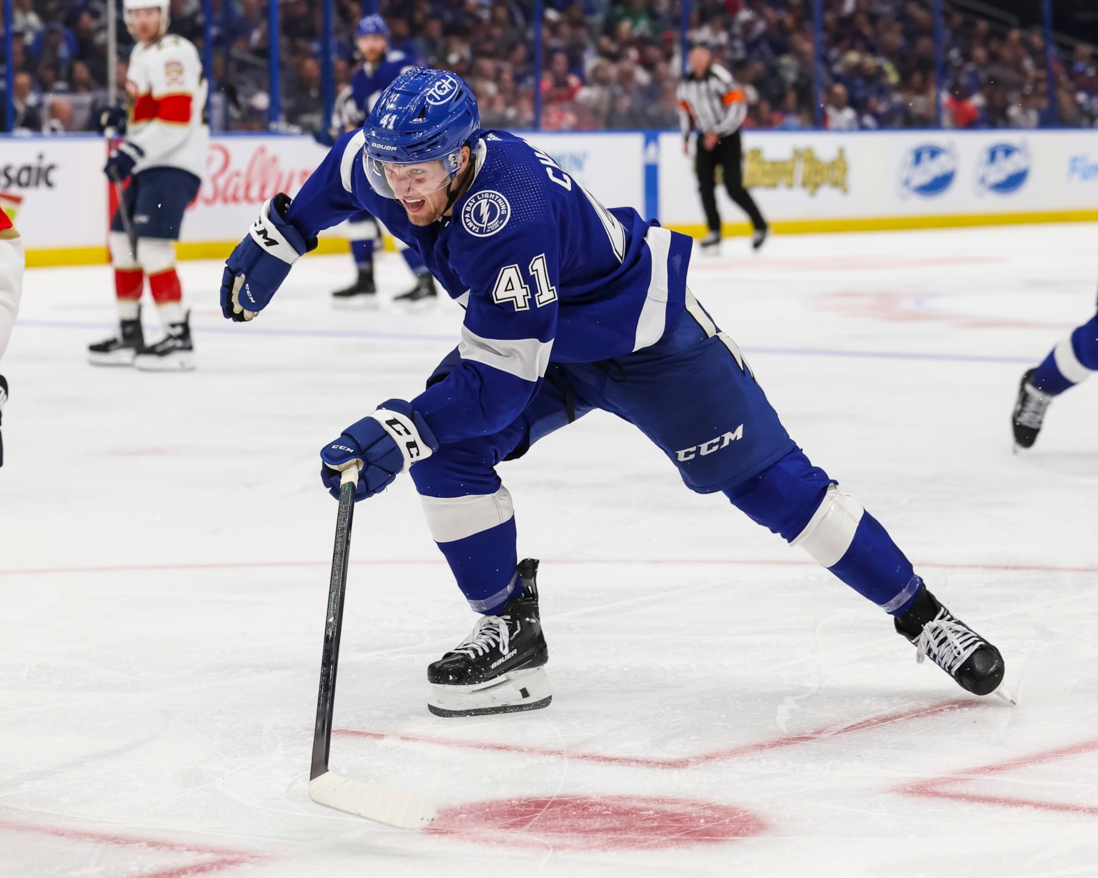 TAMPA, FL - APRIL 25: Mitchell Chaffee #41 of the Tampa Bay Lightning skates against the Florida Panthers in Game Three of the First Round of the 2024 Stanley Cup Playoffs at Amalie Arena on April 25, 2024 in Tampa, Florida. (Photo by Mark LoMoglio/NHLI via Getty Images)