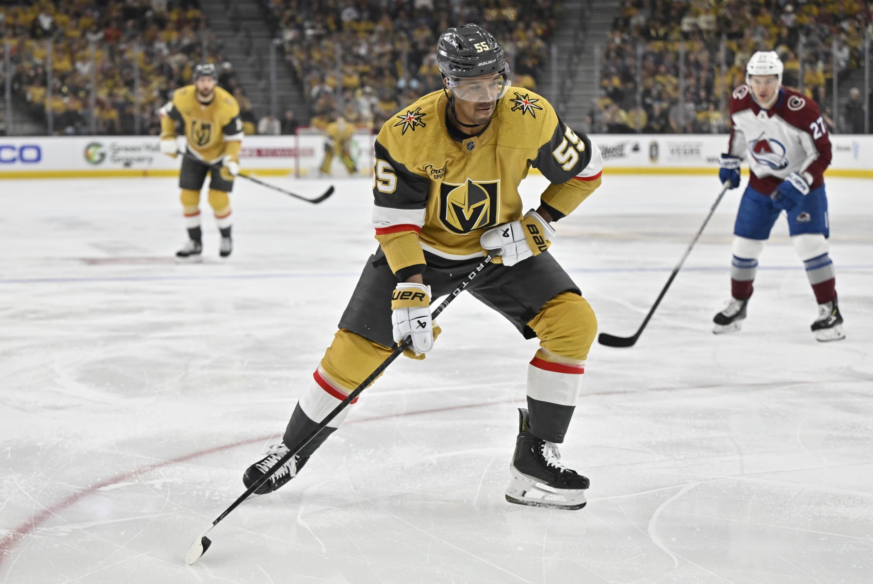 LAS VEGAS, NEVADA - APRIL 14: Keegan Kolesar #55 of the Vegas Golden Knights skates during the first period against the Colorado Avalanche at T-Mobile Arena on April 14, 2024 in Las Vegas, Nevada. (Photo by David Becker/NHLI via Getty Images)