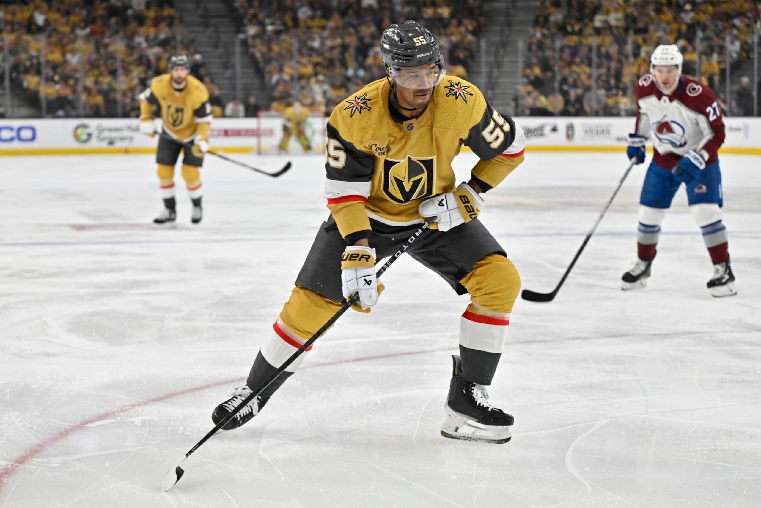 LAS VEGAS, NEVADA - APRIL 14: Keegan Kolesar #55 of the Vegas Golden Knights skates during the first period against the Colorado Avalanche at T-Mobile Arena on April 14, 2024 in Las Vegas, Nevada. (Photo by David Becker/NHLI via Getty Images)