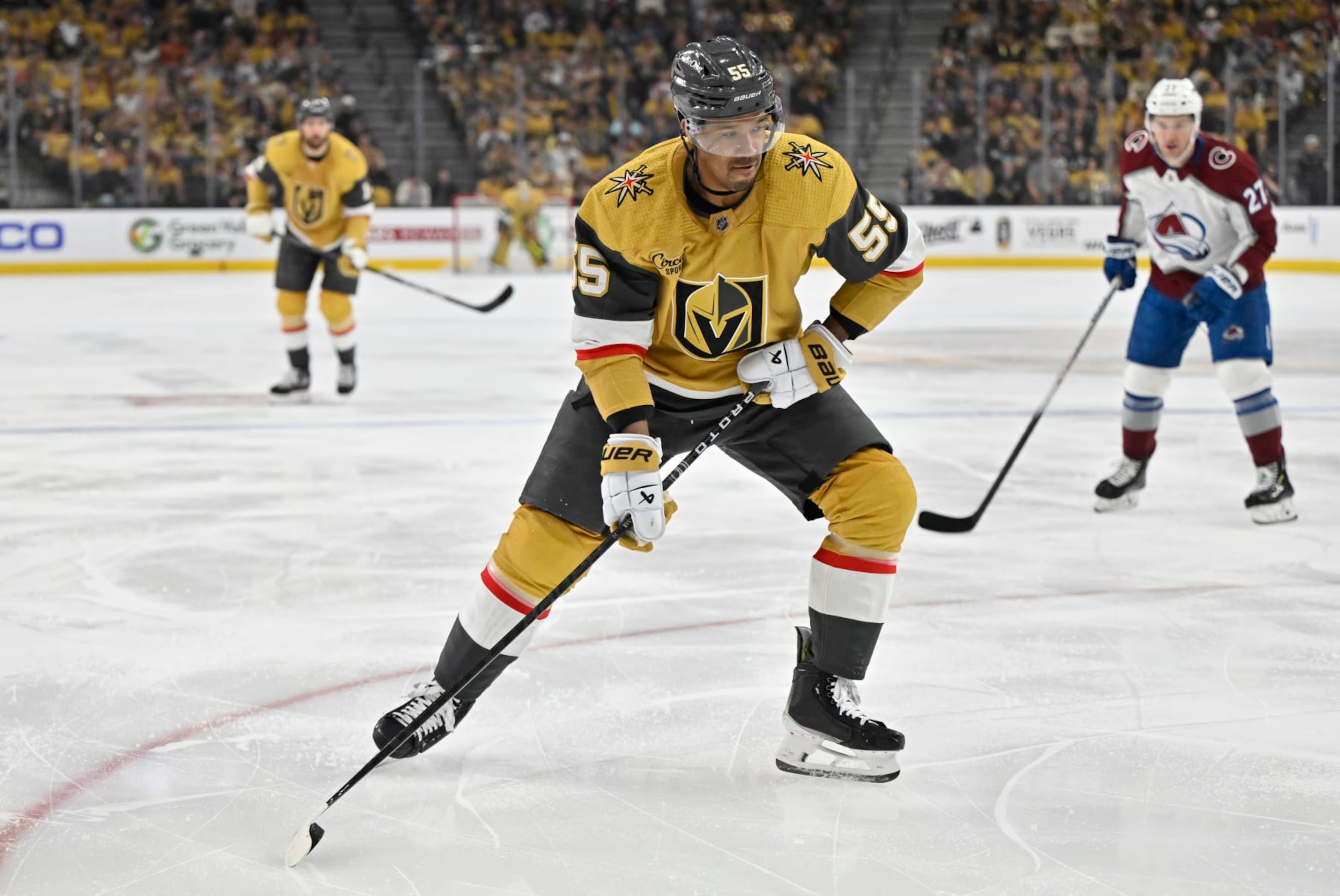 LAS VEGAS, NEVADA - APRIL 14: Keegan Kolesar #55 of the Vegas Golden Knights skates during the first period against the Colorado Avalanche at T-Mobile Arena on April 14, 2024 in Las Vegas, Nevada. (Photo by David Becker/NHLI via Getty Images)