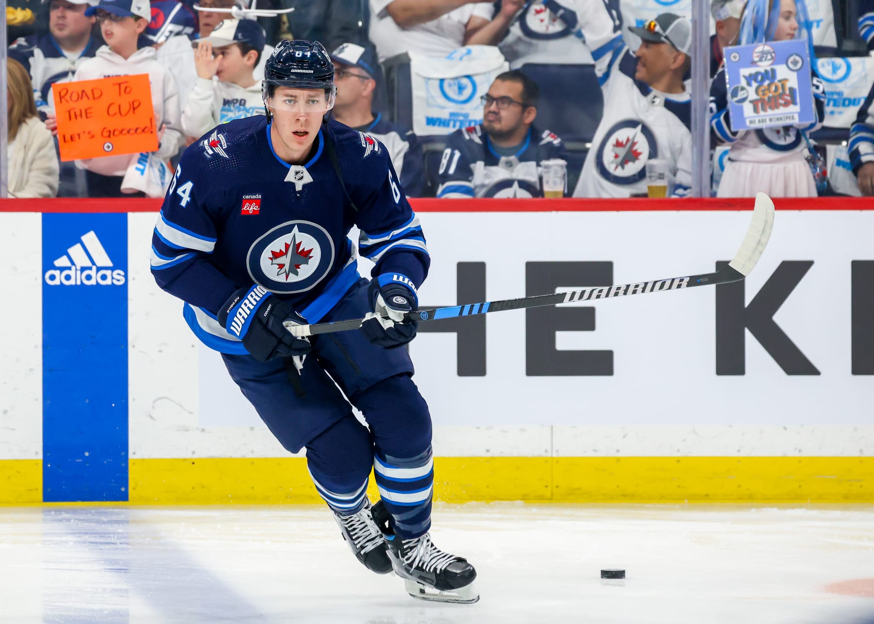 WINNIPEG, CANADA - APRIL 23: Logan Stanley #64 of the Winnipeg Jets takes part in the pre-game warm up prior to NHL action against the Colorado Avalanche in Game Two of the First Round of the 2024 Stanley Cup Playoffs at Canada Life Centre on April 23, 2024 in Winnipeg, Manitoba, Canada. (Photo by Jonathan Kozub/NHLI via Getty Images)