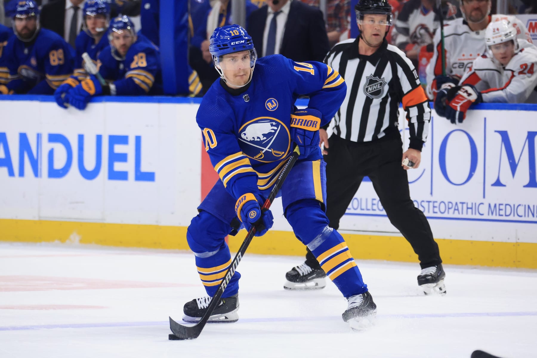 BUFFALO, NEW YORK - APRIL 11: Henri Jokiharju #10 of the Buffalo Sabres skates during an NHL game against the Washington Capitals on April 11, 2024 at KeyBank Center in Buffalo, New York. (Photo by Bill Wippert/NHLI via Getty Images)
