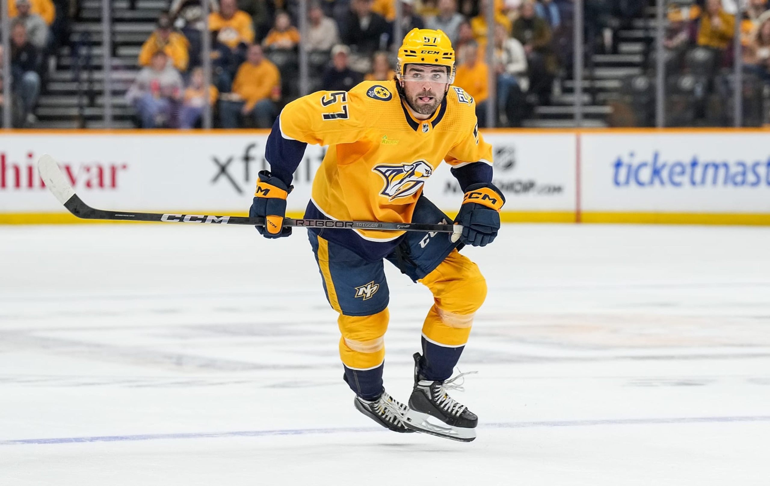 NASHVILLE, TENNESSEE - MARCH 2: Dante Fabbro #57 of the Nashville Predators skates against the Colorado Avalanche during an NHL game at Bridgestone Arena on March 2, 2024 in Nashville, Tennessee. (Photo by John Russell/NHLI via Getty Images)