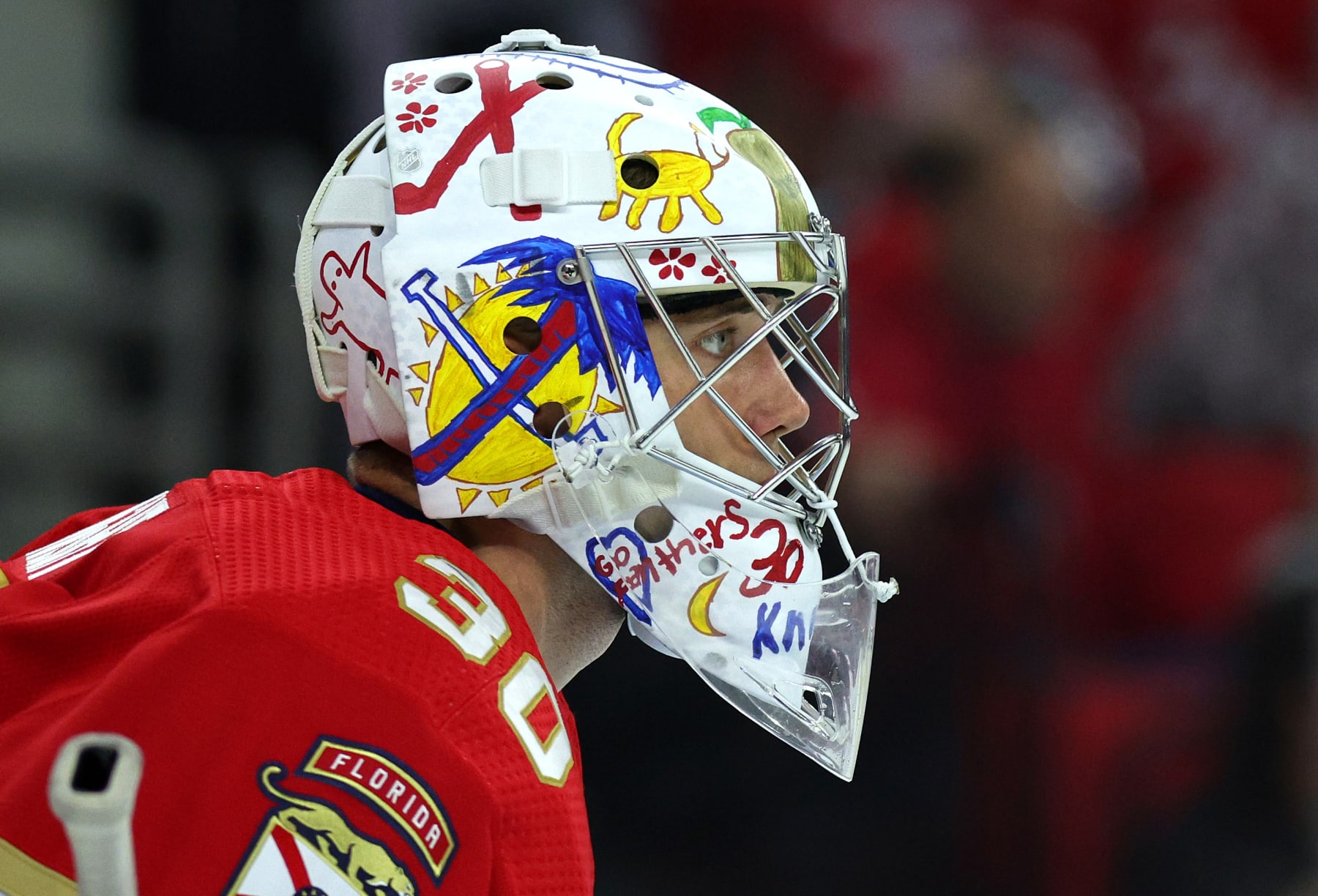 RALEIGH, NORTH CAROLINA - SEPTEMBER 27: Spencer Knight #30 of the Florida Panthers looks on during the second period of their game against the Carolina Hurricanes at PNC Arena on September 27, 2023 in Raleigh, North Carolina. (Photo by Jared C. Tilton/Getty Images)
