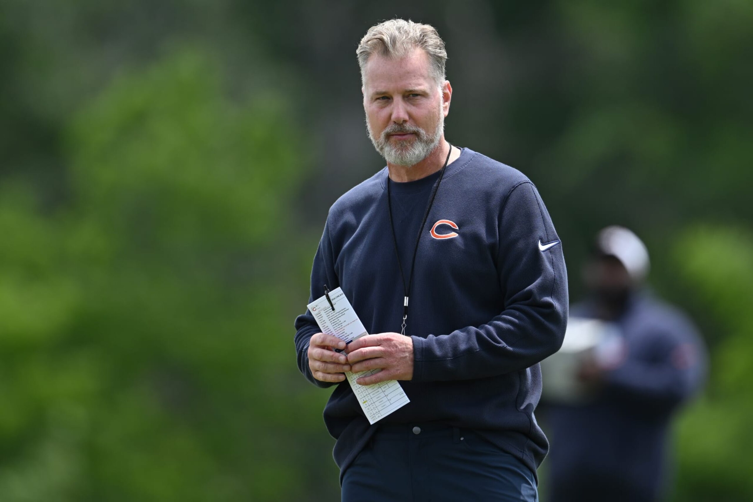 LAKE FOREST, ILLINOIS - JUNE 05:  Head coach Matt Eberflus looks on during the Chicago Bears mandatory minicamp at Halas Hall on June 05, 2024 in Lake Forest, Illinois. (Photo by Quinn Harris/Getty Images)