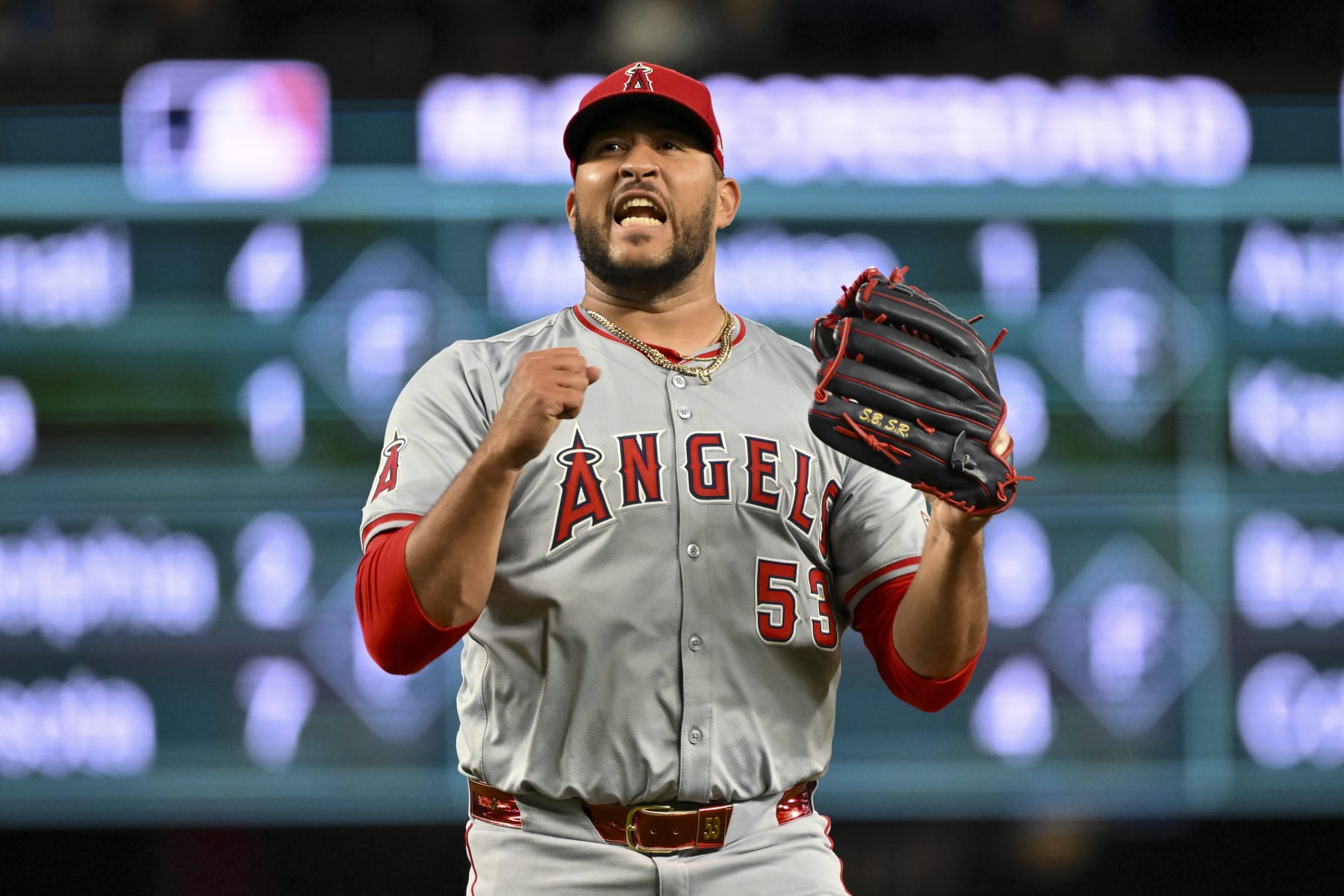 SEATTLE, WASHINGTON - JULY 22: Carlos Estévez #53 of the Los Angeles Angels reacts to throwing a stike to end the game against the Seattle Mariners at T-Mobile Park on July 22, 2024 in Seattle, Washington. The Angels won 3-1. (Photo by Alika Jenner/Getty Images)