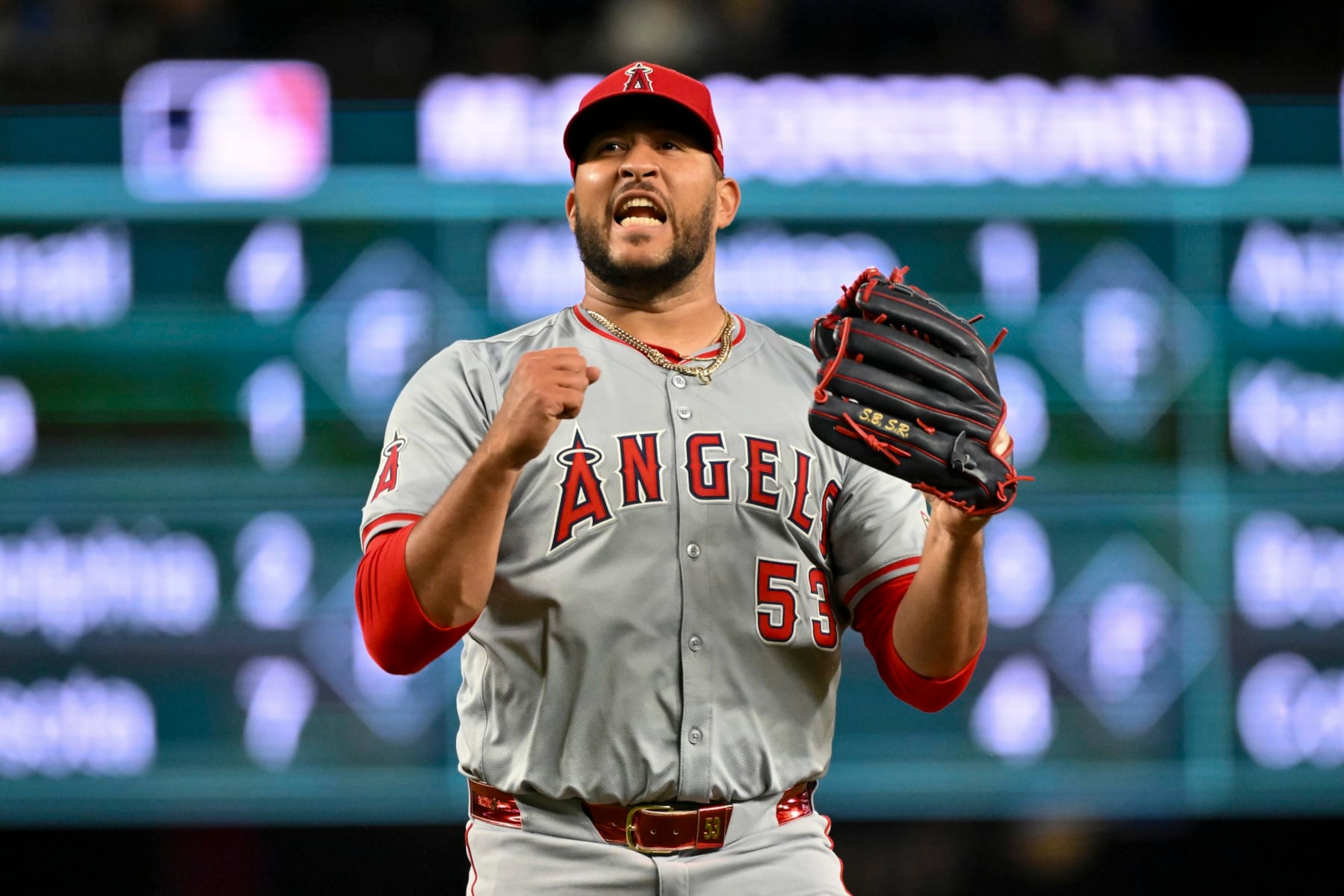 SEATTLE, WASHINGTON - JULY 22: Carlos Estévez #53 of the Los Angeles Angels reacts to throwing a stike to end the game against the Seattle Mariners at T-Mobile Park on July 22, 2024 in Seattle, Washington. The Angels won 3-1. (Photo by Alika Jenner/Getty Images)